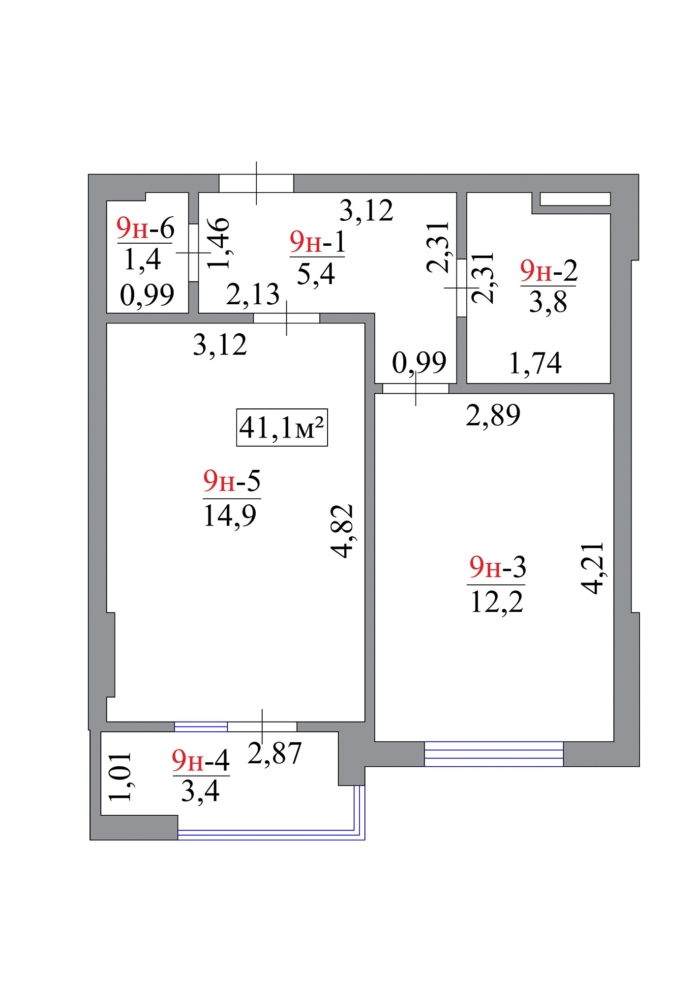 Планировка 1-к квартира площей 41.1м2, AB-07-01/00008.