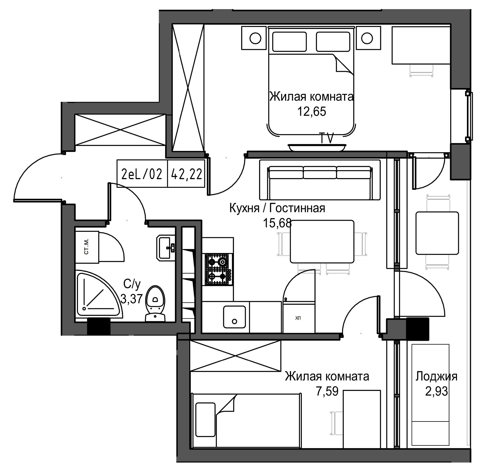 Планировка 2-к квартира площей 42.22м2, UM-002-09/0082.