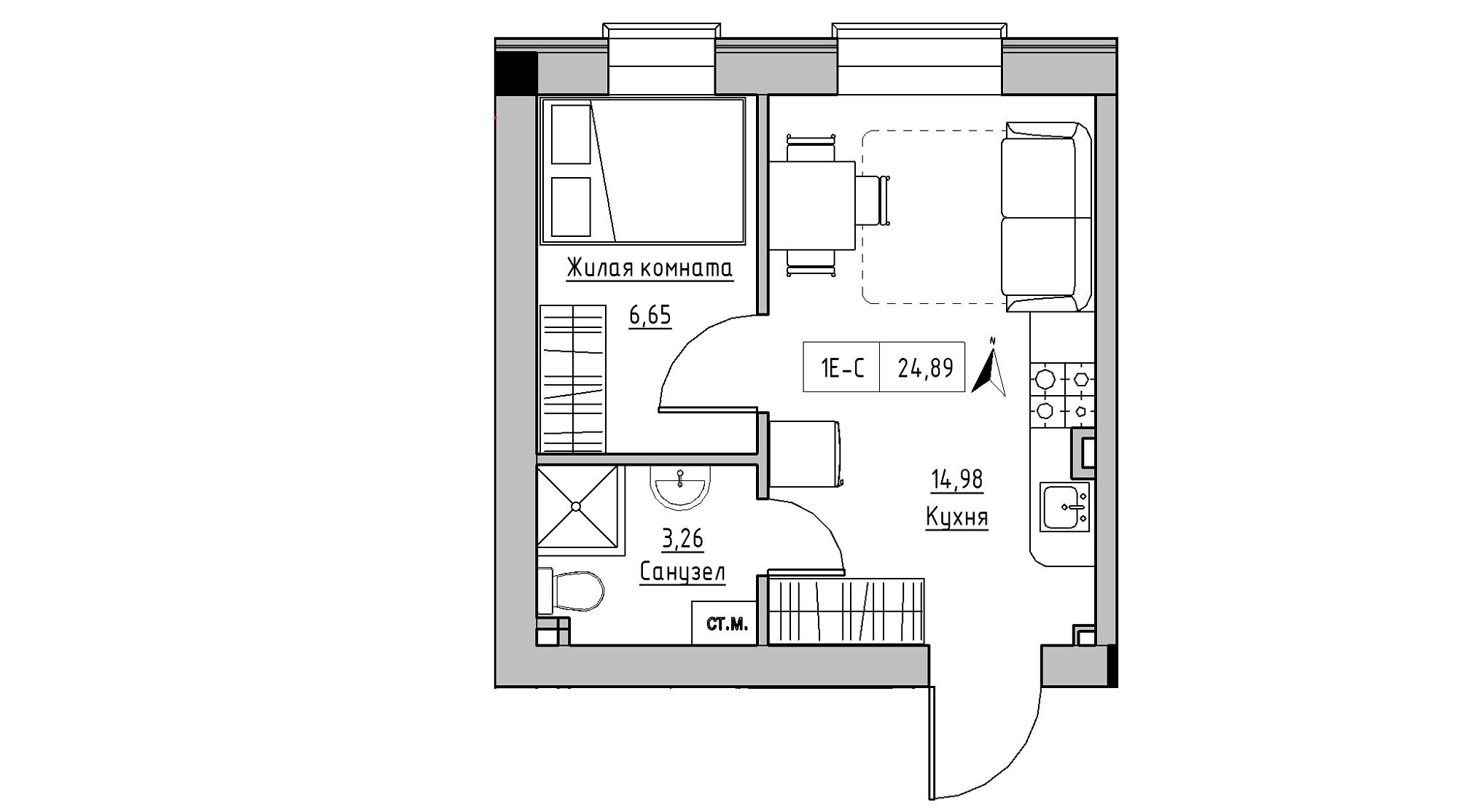 Planning 1-rm flats area 24.98m2, KS-014-01/0004.
