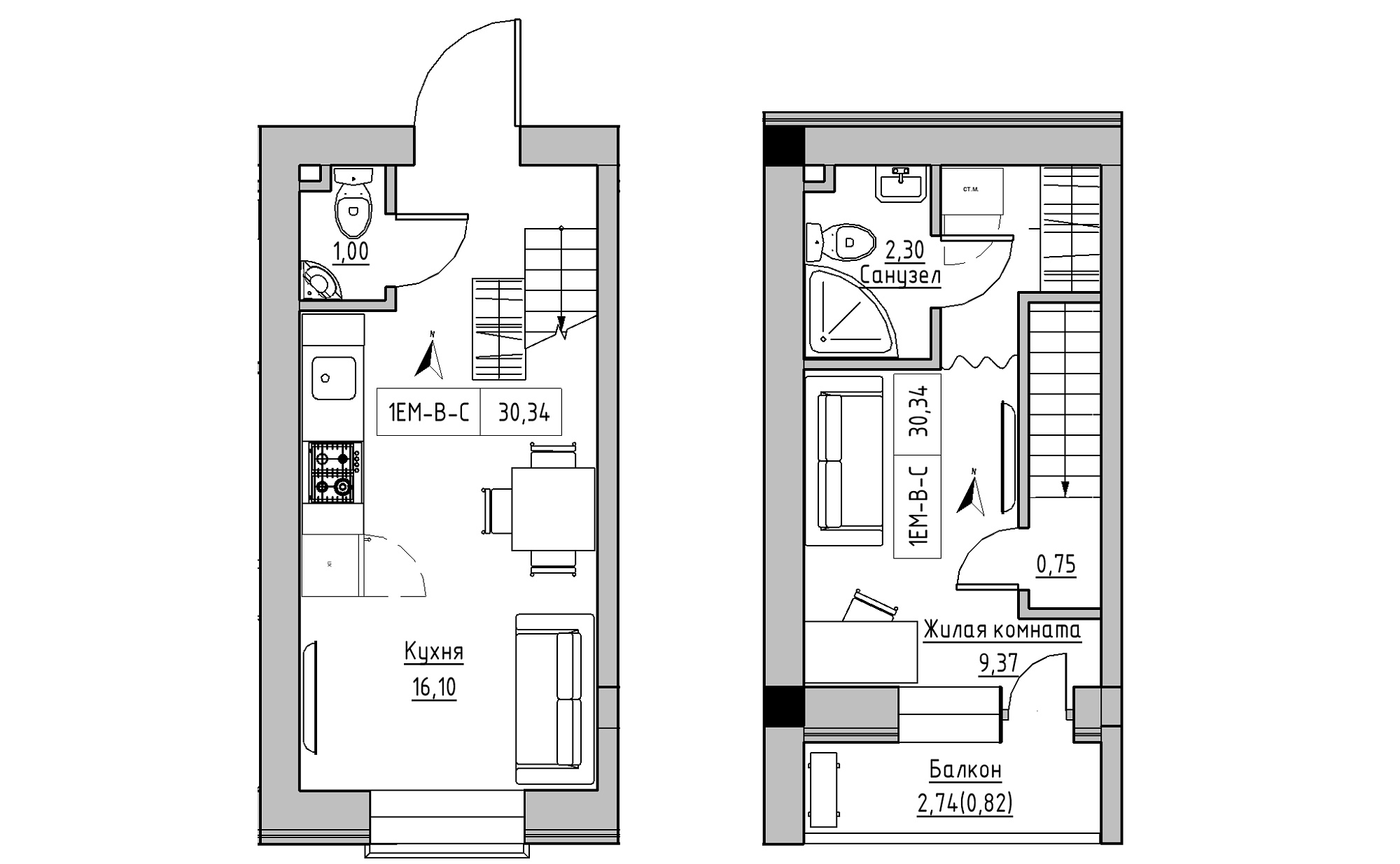 Planning 2-lvl flats area 30.34m2, KS-023-05/0010.