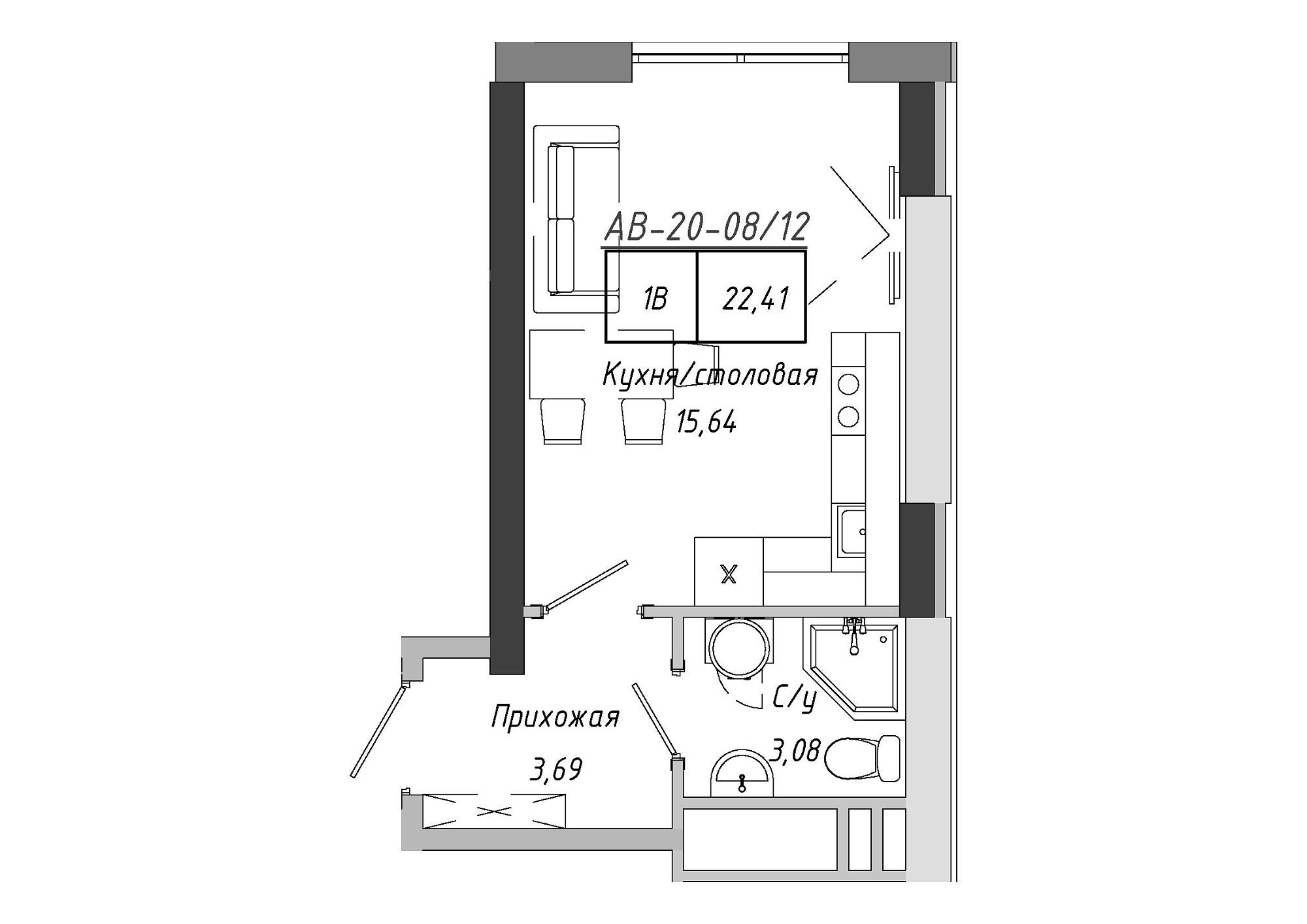Планування Smart-квартира площею 21.87м2, AB-20-08/00012.