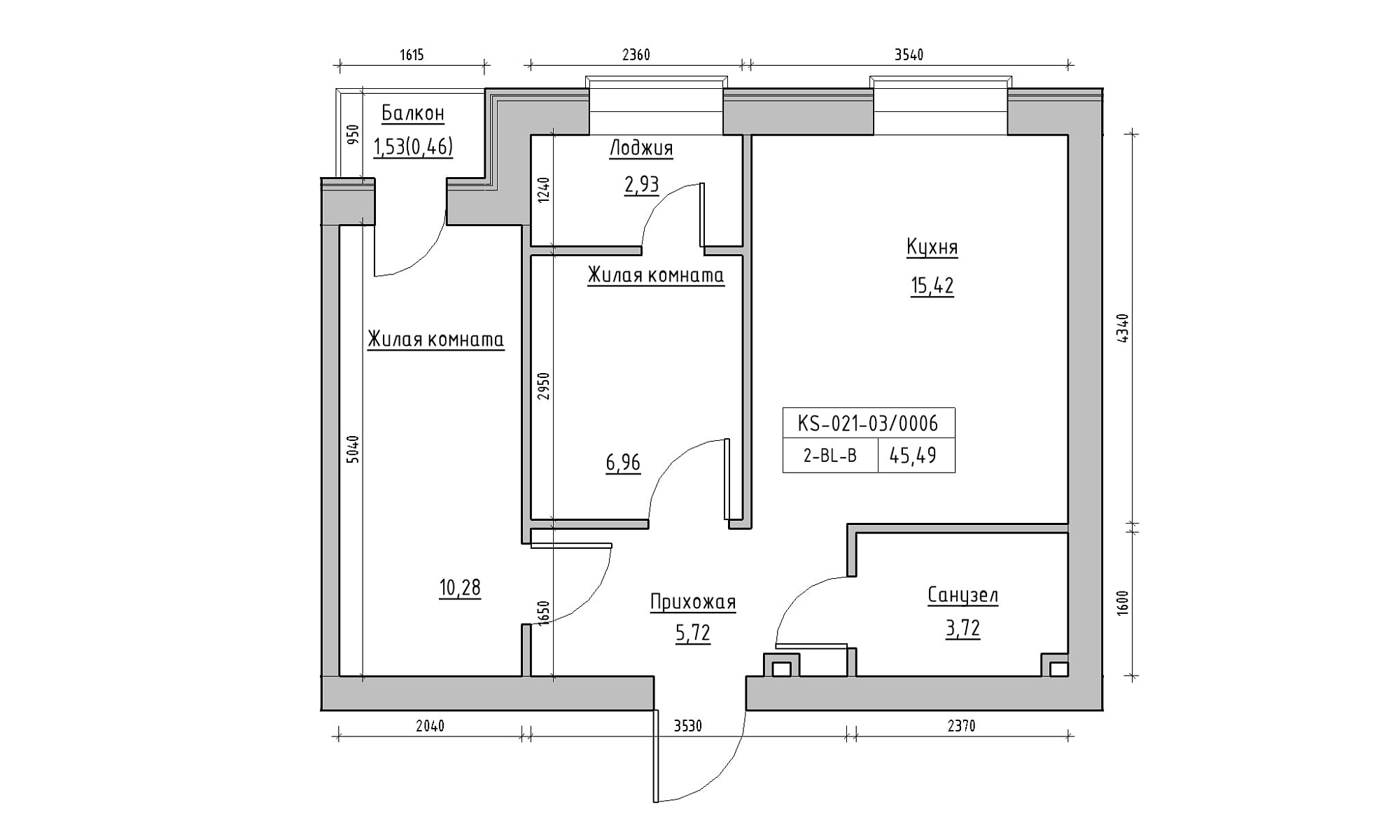 Планування 2-к квартира площею 45.49м2, KS-021-03/0006.