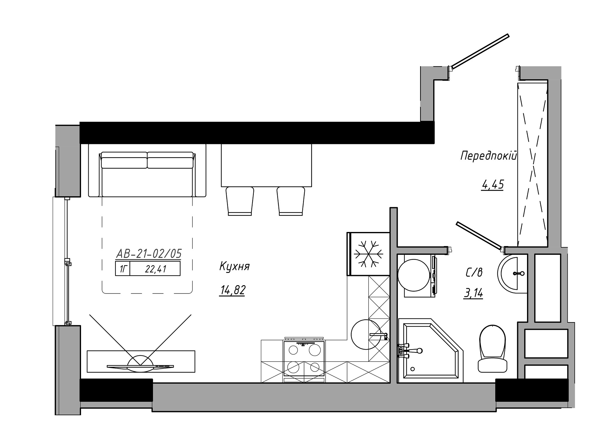 Планування Smart-квартира площею 22.41м2, AB-21-02/00005.