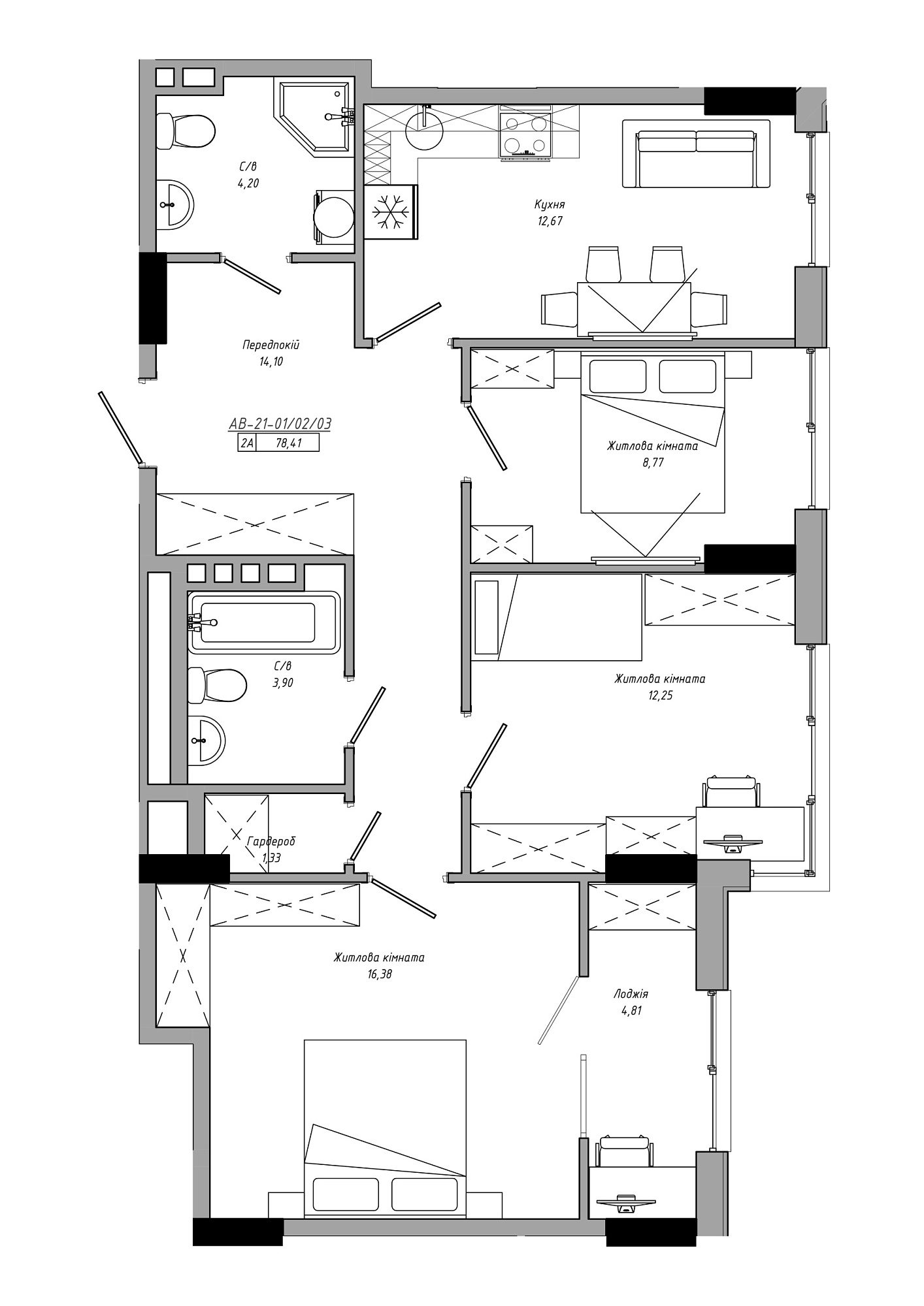 Планування 3-к квартира площею 78.41м2, AB-21-01/00002.