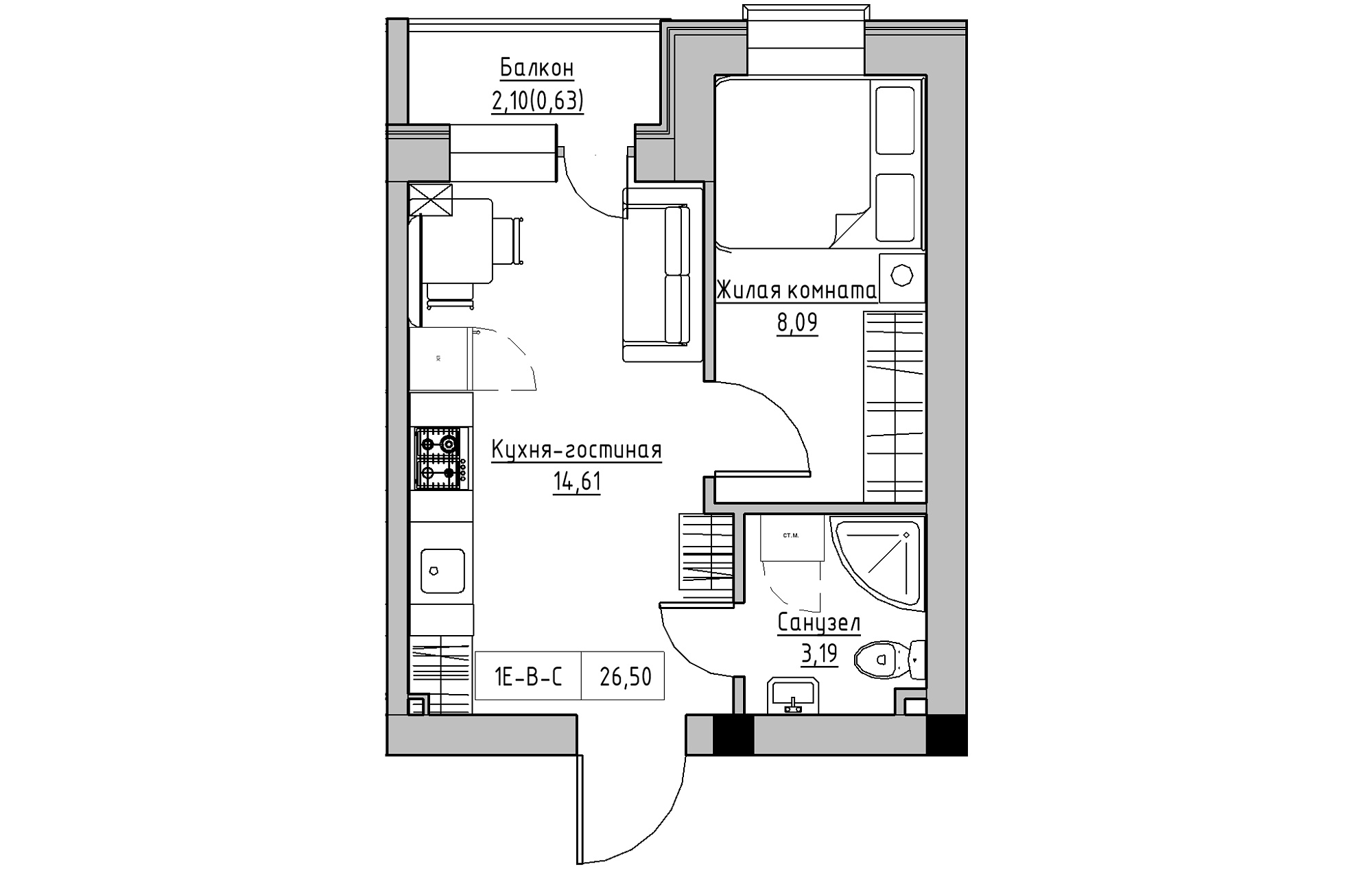 Планування 1-к квартира площею 26.5м2, KS-018-05/0008.