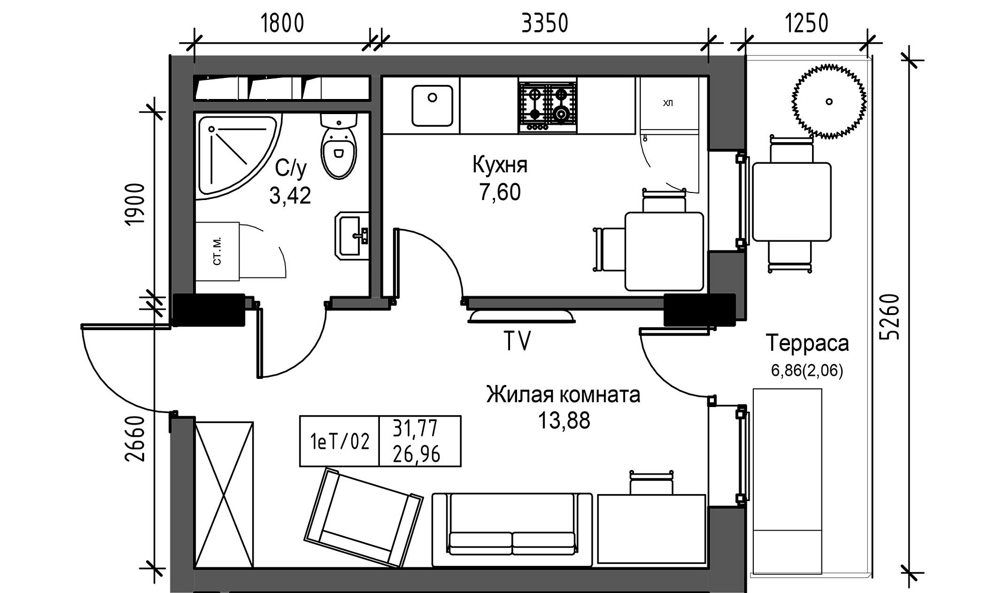 Планировка 1-к квартира площей 26.96м2, UM-003-05/0037.