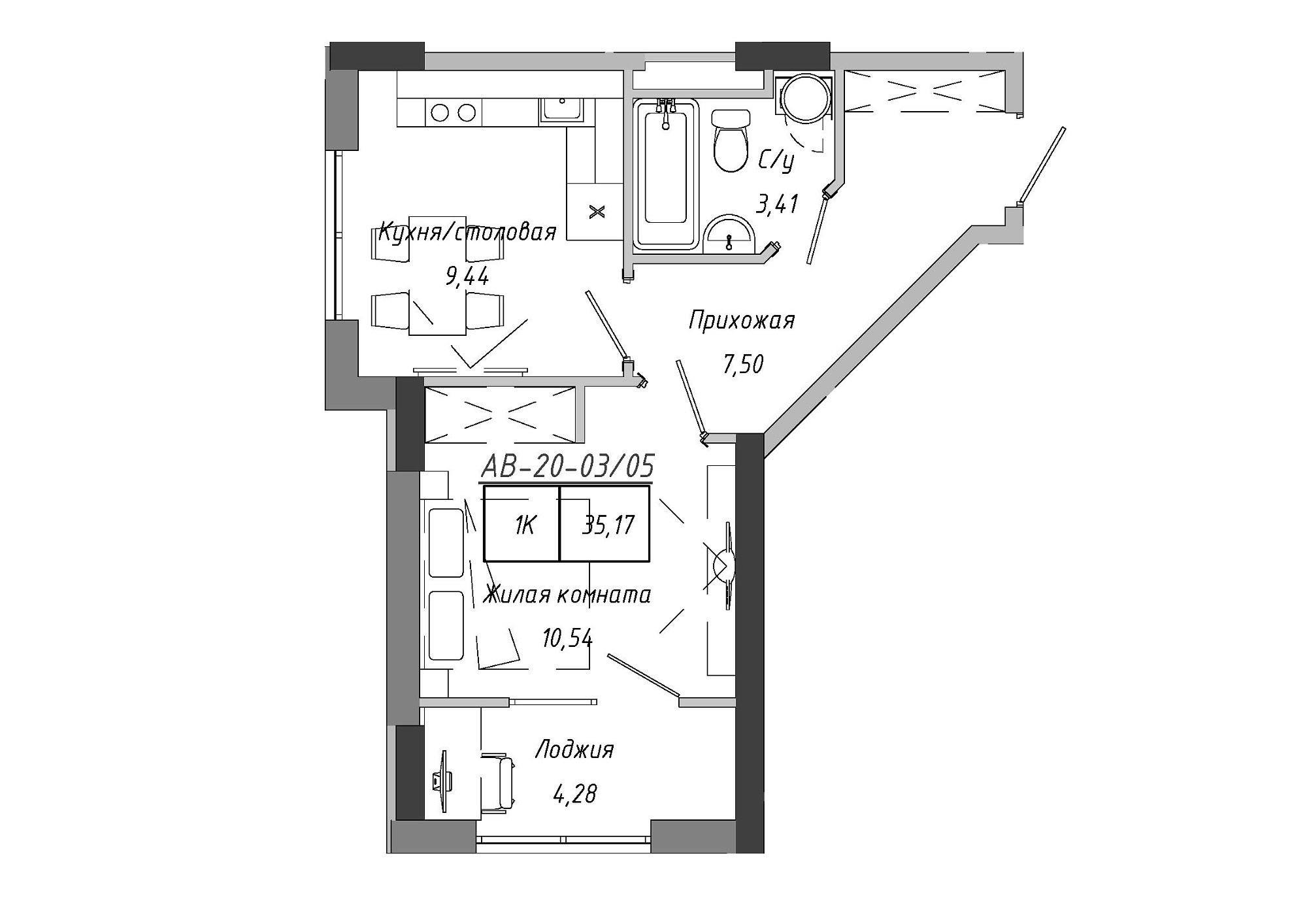 Планування 1-к квартира площею 35.17м2, AB-20-03/00005.