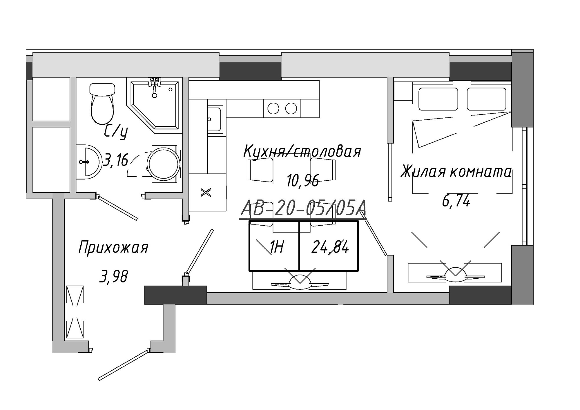 Planning 1-rm flats area 24.41m2, AB-20-05/0005а.