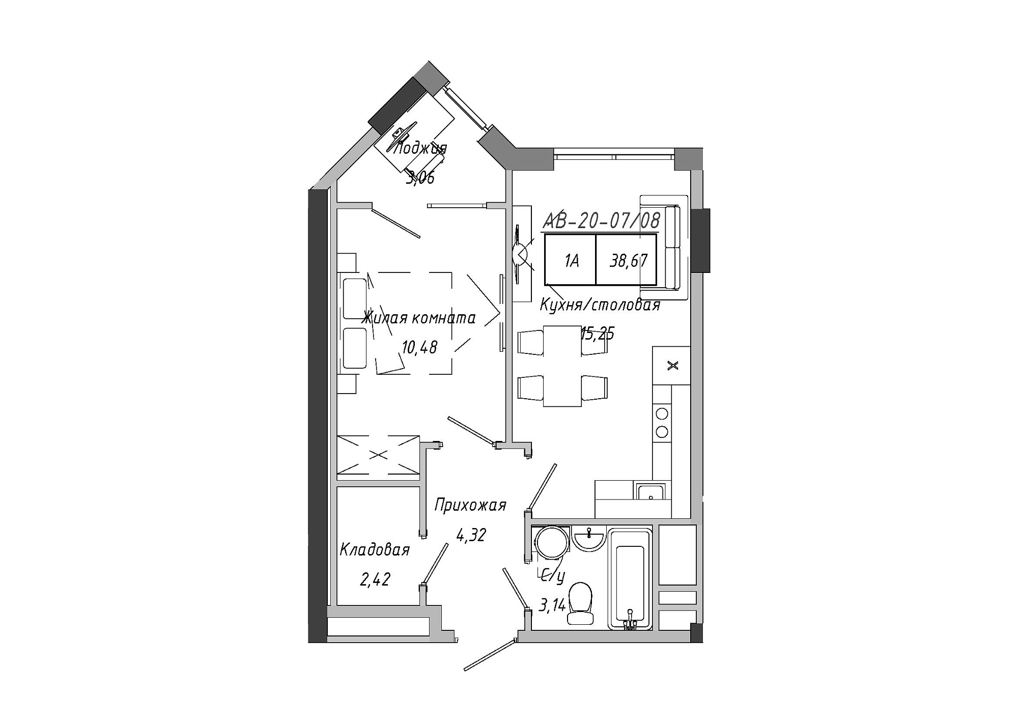 Планування 1-к квартира площею 38.85м2, AB-20-07/00008.