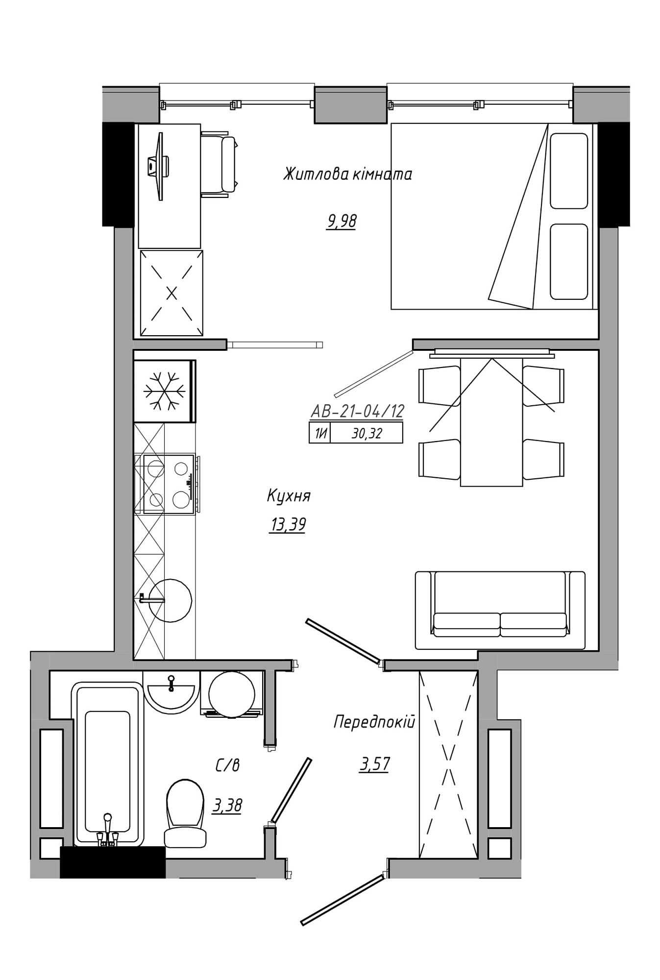 Планировка 1-к квартира площей 30.32м2, AB-21-04/00012.