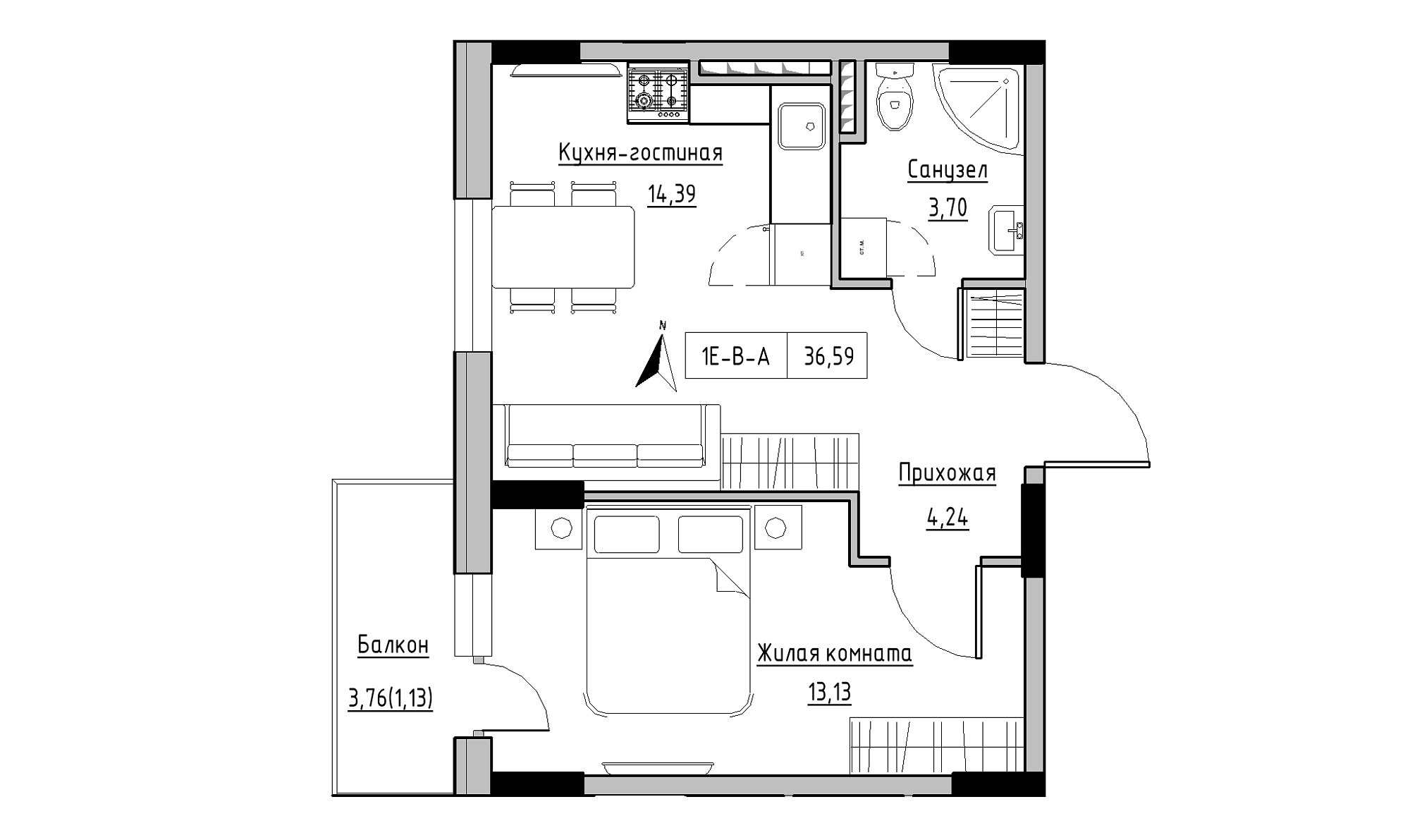 Планировка 1-к квартира площей 36.59м2, KS-025-04/0004.