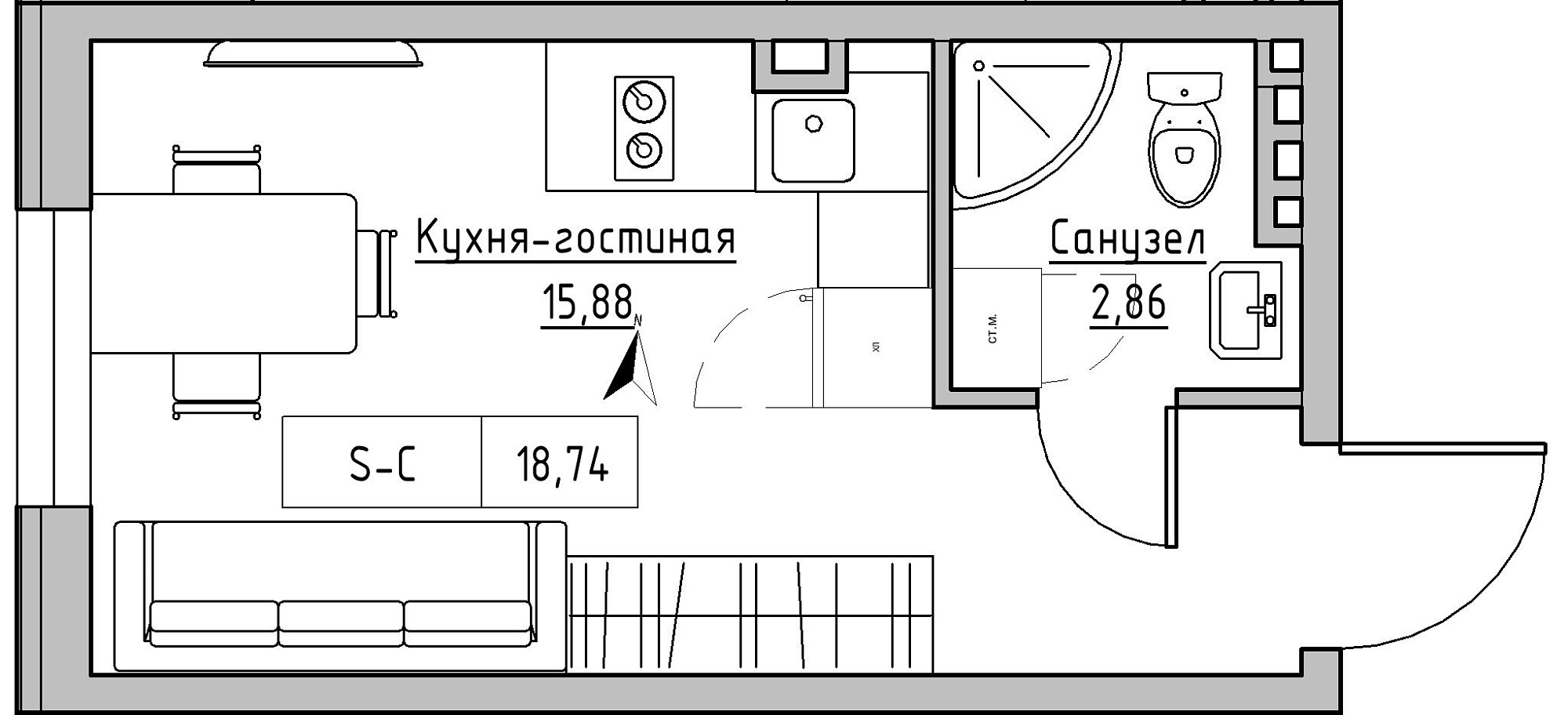 Планування Smart-квартира площею 18.74м2, KS-024-01/0011.