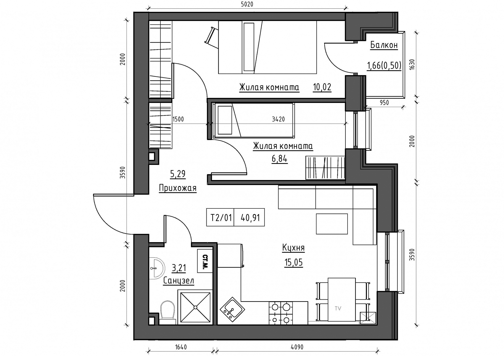 Планування 2-к квартира площею 40.91м2, KS-011-02/0006.