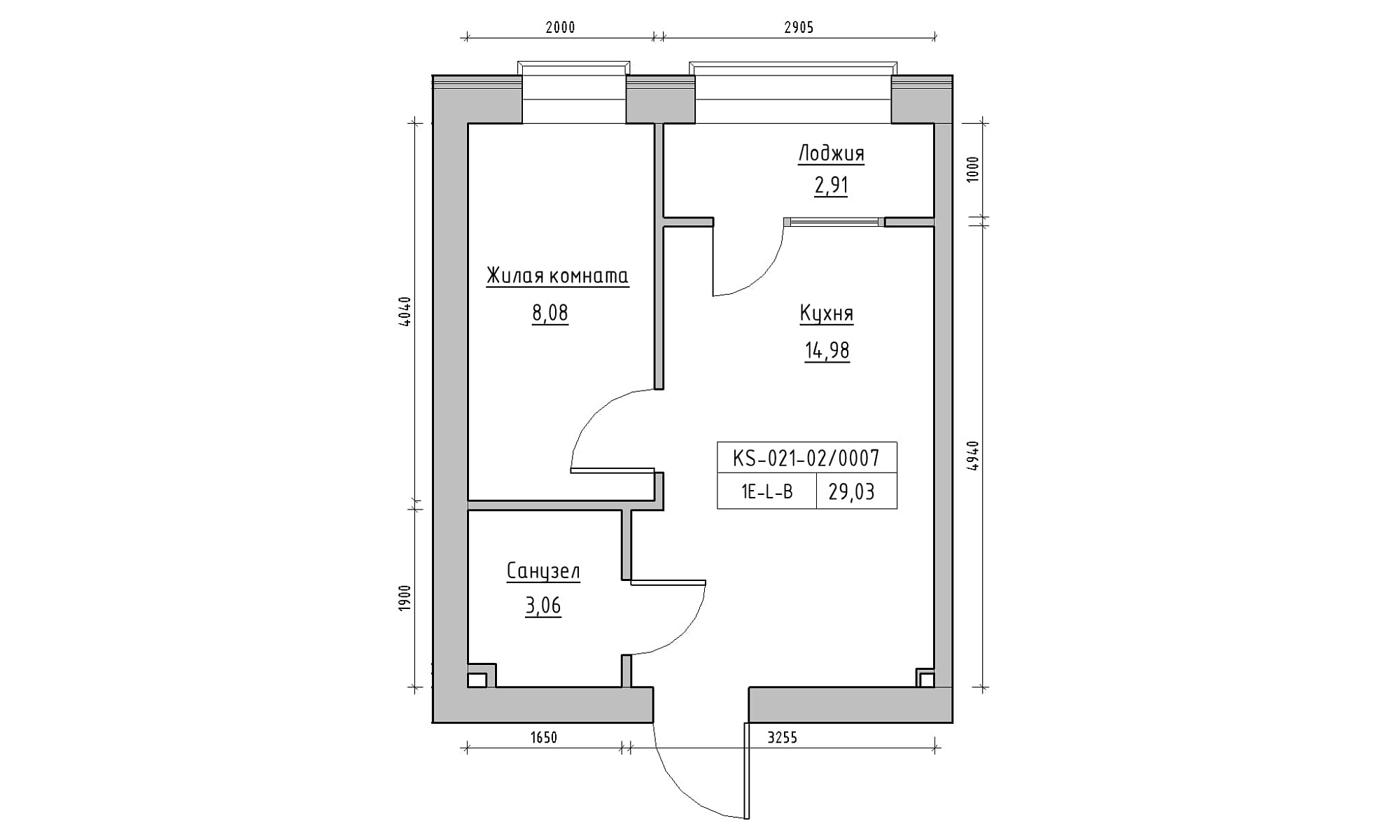 Планировка 1-к квартира площей 29.03м2, KS-021-02/0007.