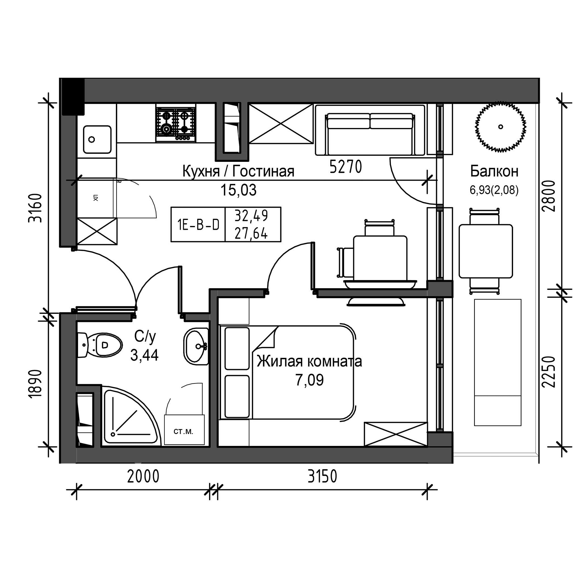 Планування 1-к квартира площею 27.64м2, UM-001-08/0001.
