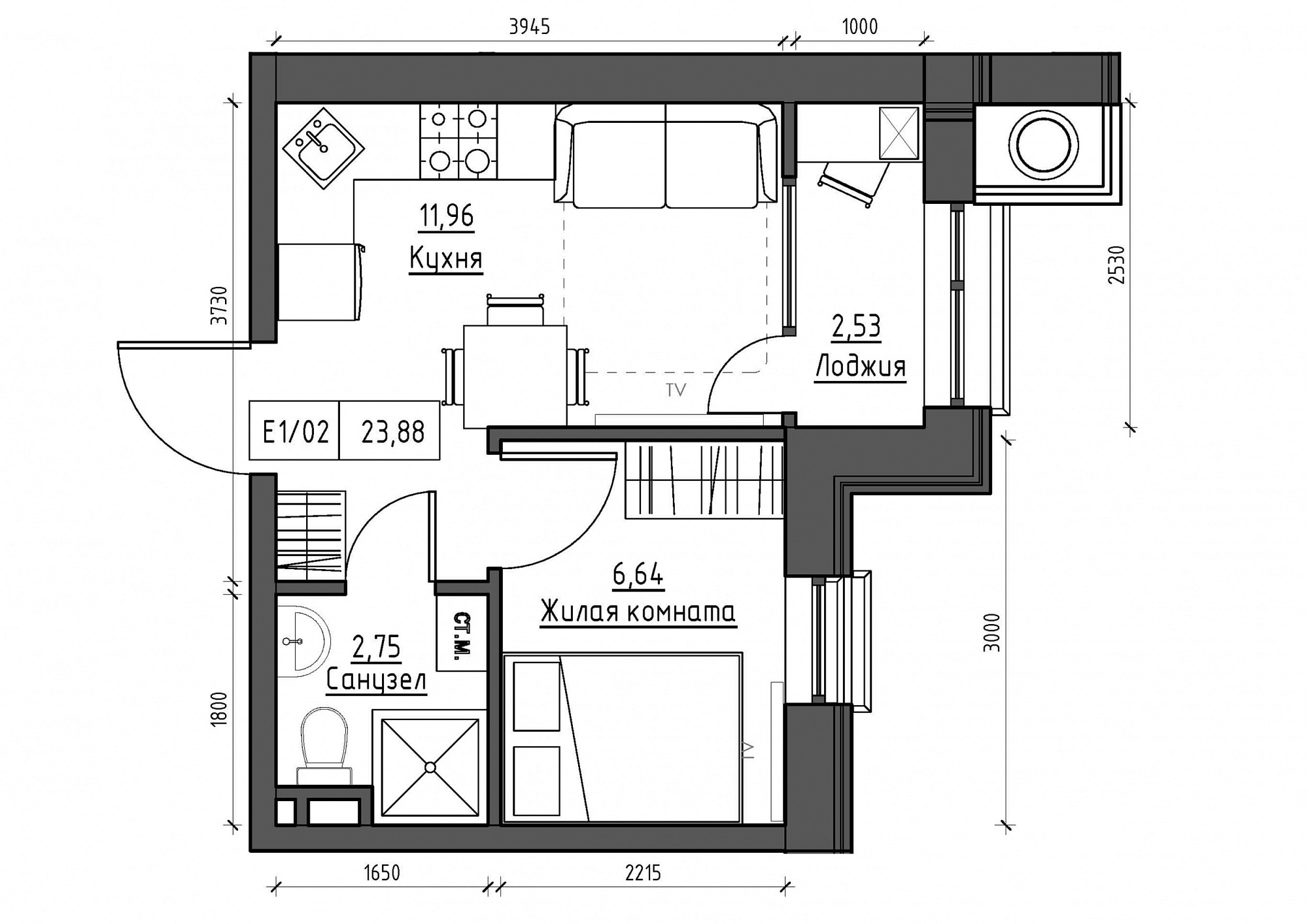 Планировка 1-к квартира площей 23.88м2, KS-012-05/0018.