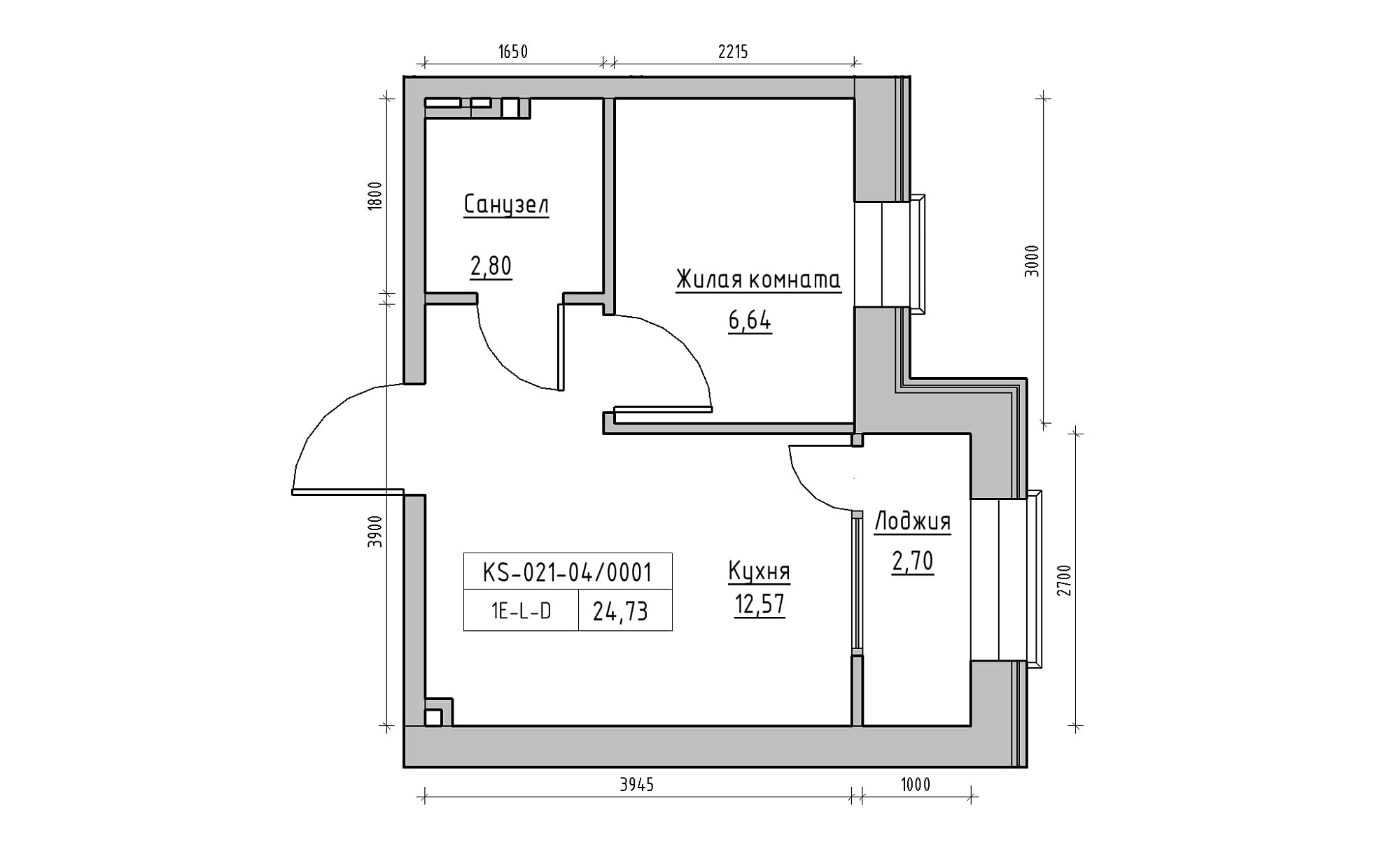Планировка 1-к квартира площей 24.73м2, KS-021-04/0001.