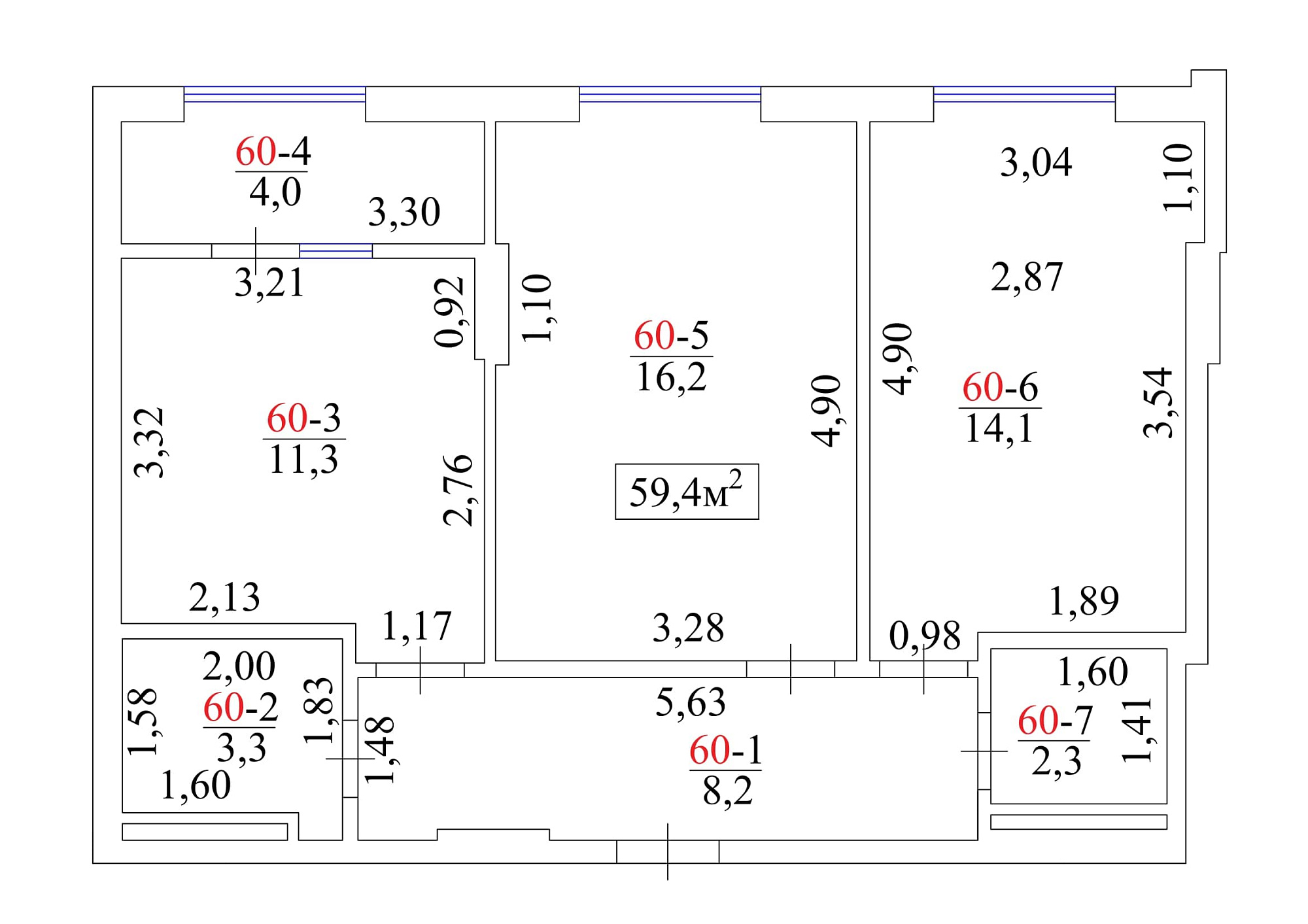 Планировка 2-к квартира площей 59.4м2, AB-01-07/00057.