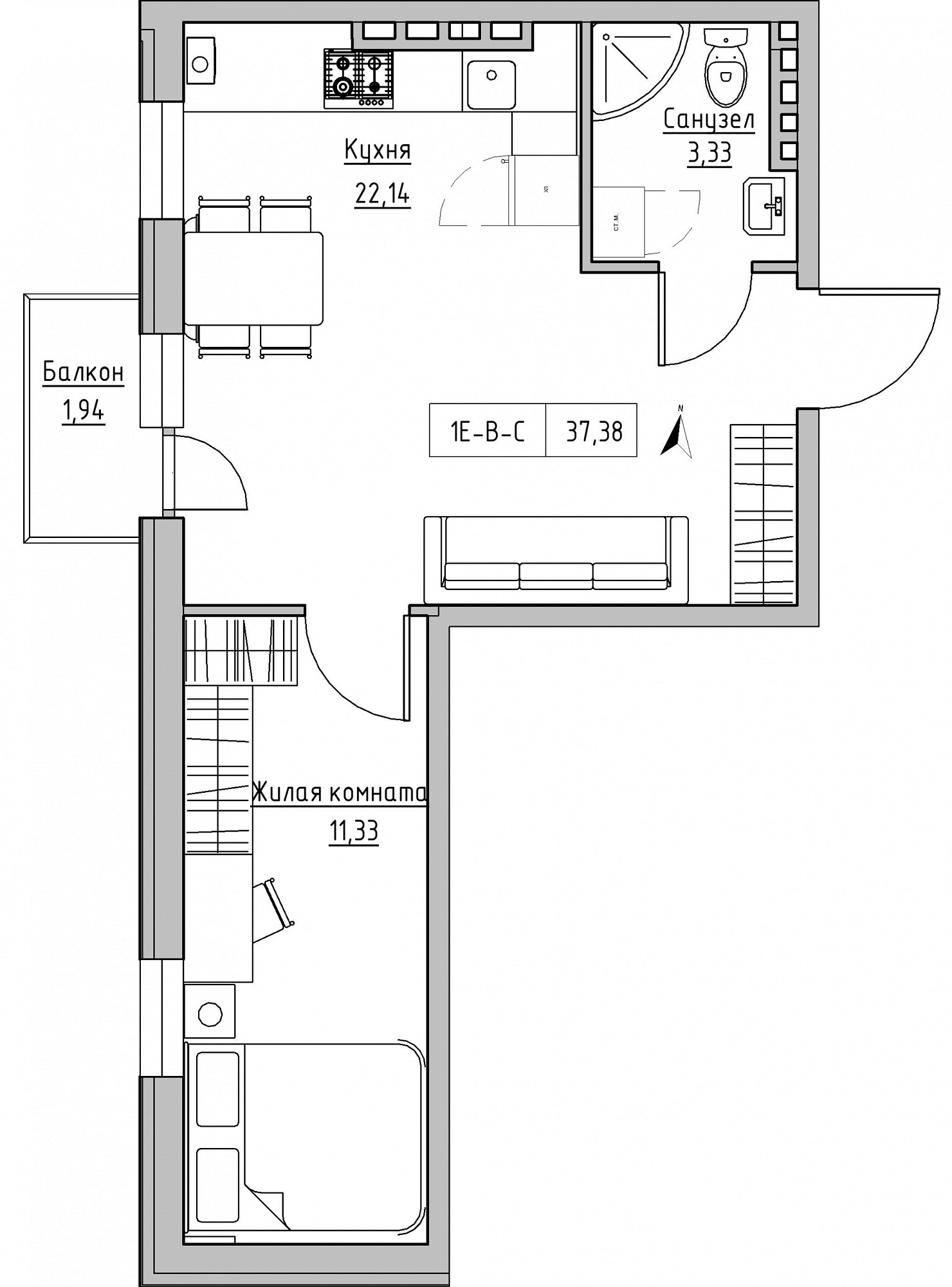 Планировка 1-к квартира площей 37.38м2, KS-024-04/0010.
