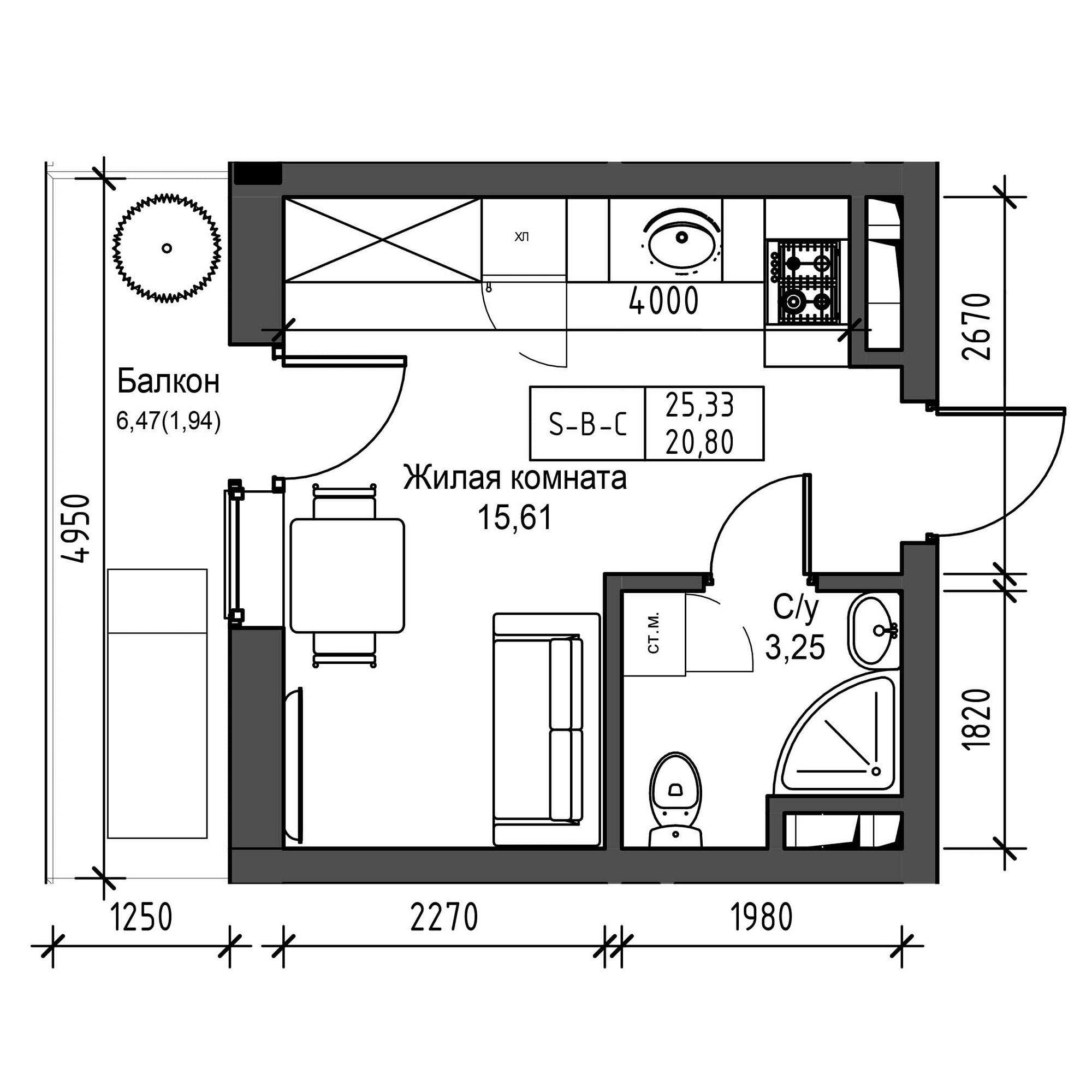 Планування Smart-квартира площею 20.8м2, UM-001-04/0018.