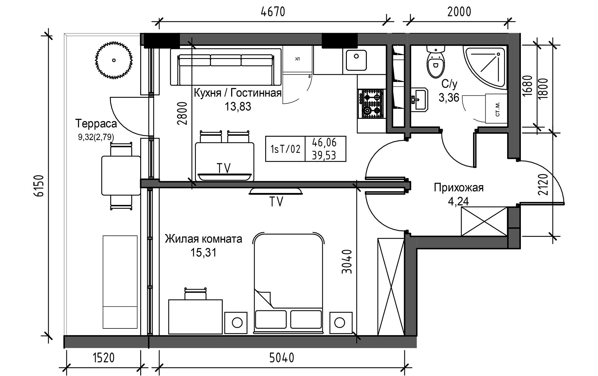 Планування 1-к квартира площею 39.53м2, UM-003-04/0027.