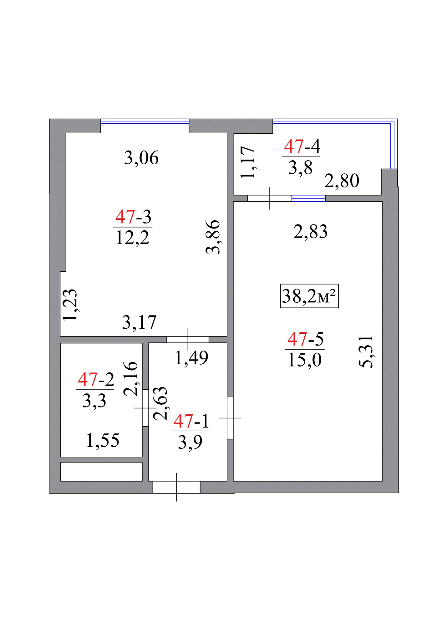 Planning 1-rm flats area 38.2m2, AB-07-05/0043а.