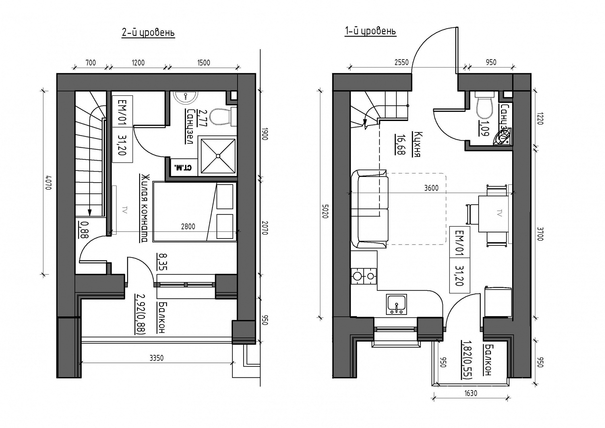 Planning 2-lvl flats area 31.2m2, KS-011-05/0006.
