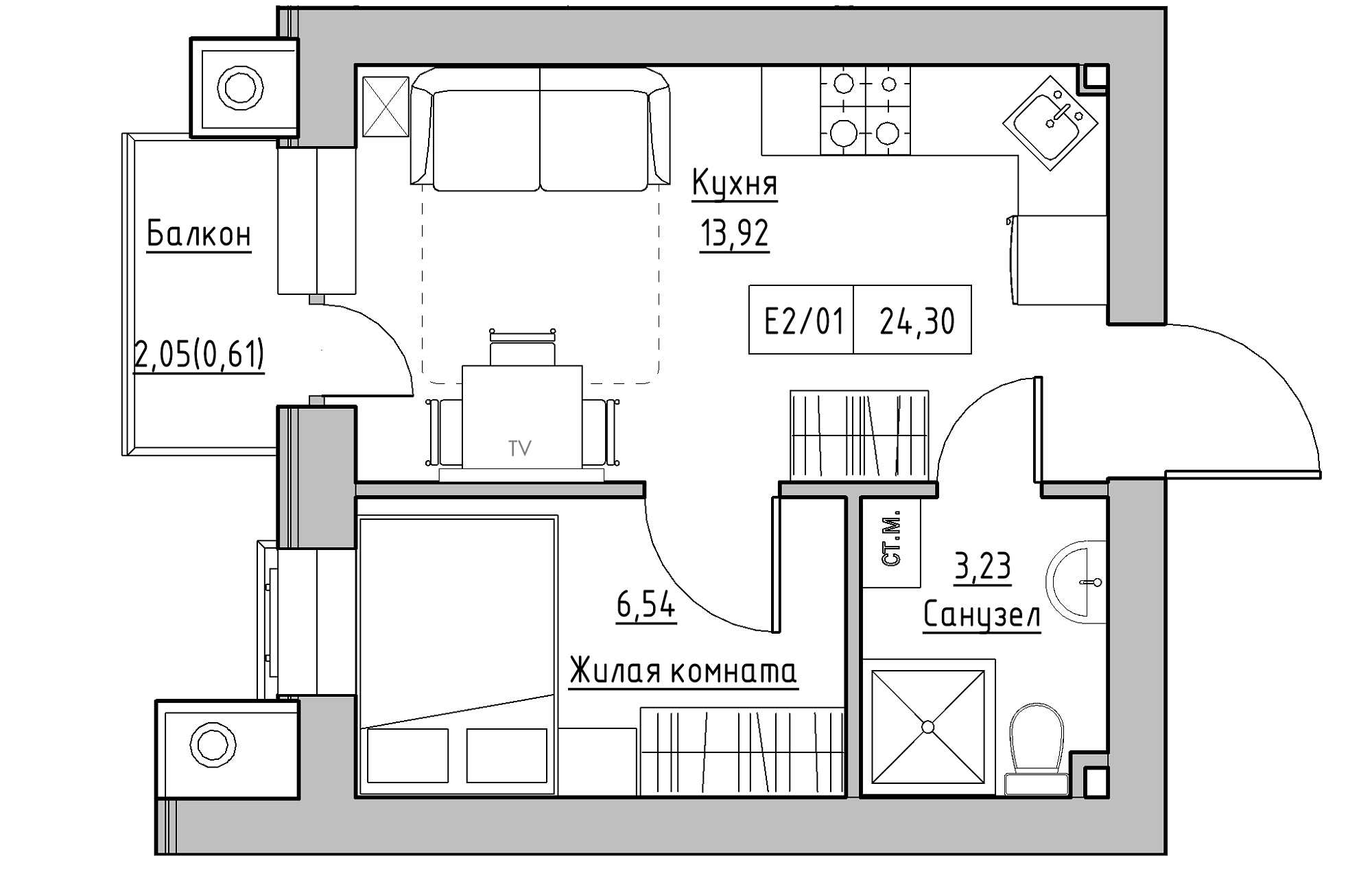 Планування 1-к квартира площею 24.3м2, KS-013-02/0005.