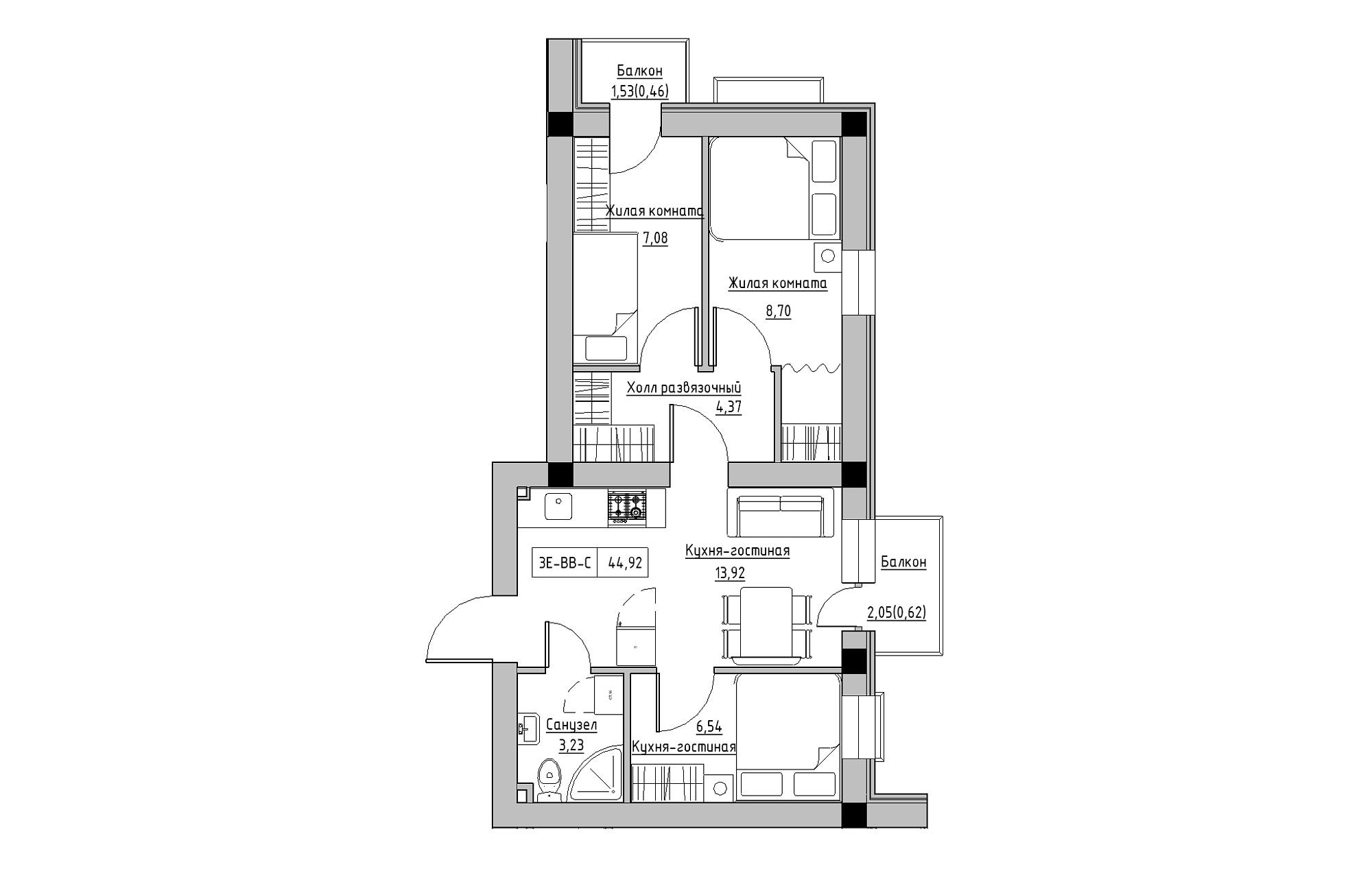 Планування 3-к квартира площею 44.92м2, KS-018-05/0011.