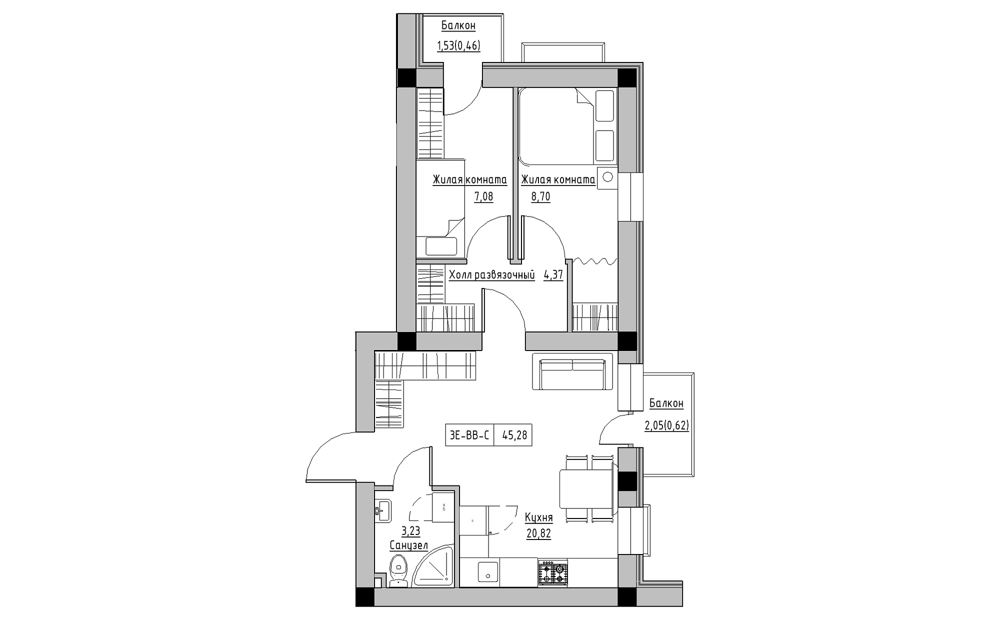 Планировка 3-к квартира площей 45.28м2, KS-022-05/0011.