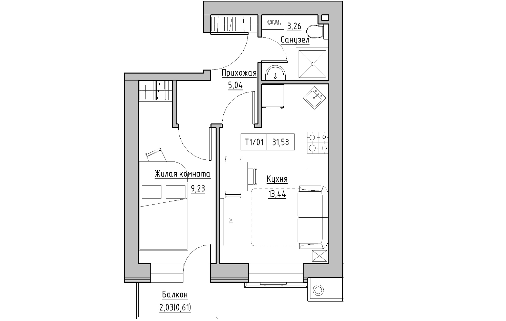 Планування 1-к квартира площею 31.58м2, KS-013-04/0011.