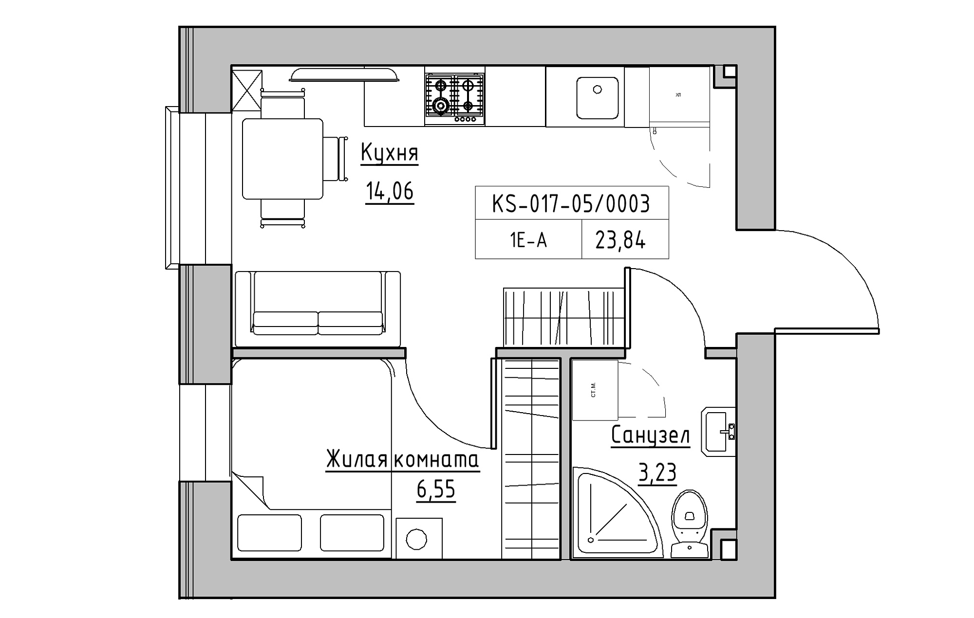 Планировка 1-к квартира площей 23.84м2, KS-017-05/0003.