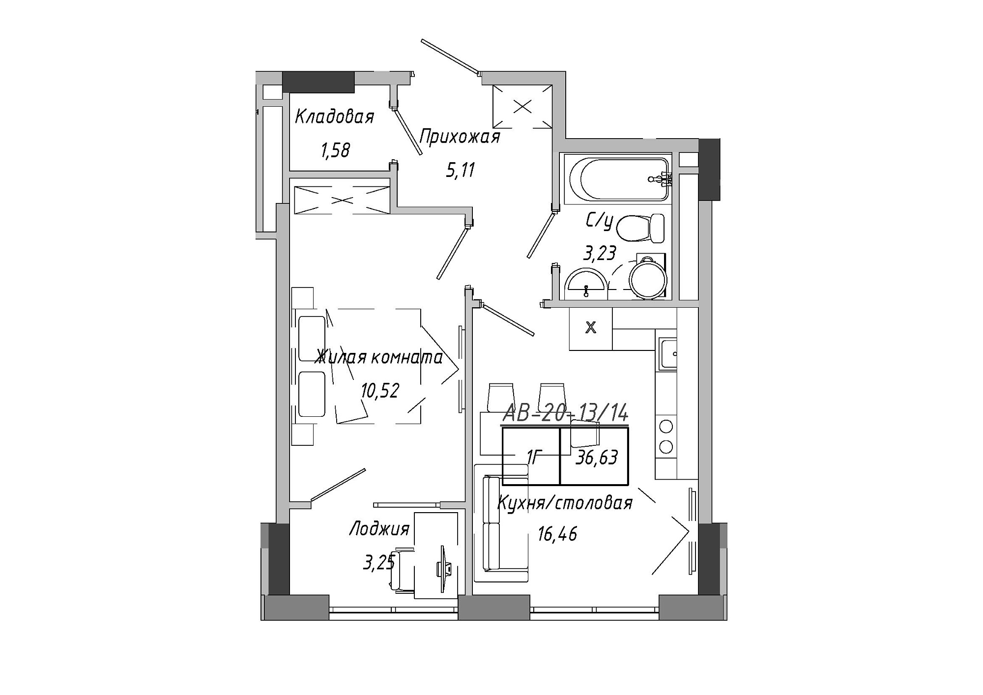 Планування 1-к квартира площею 36.63м2, AB-20-13/00114.