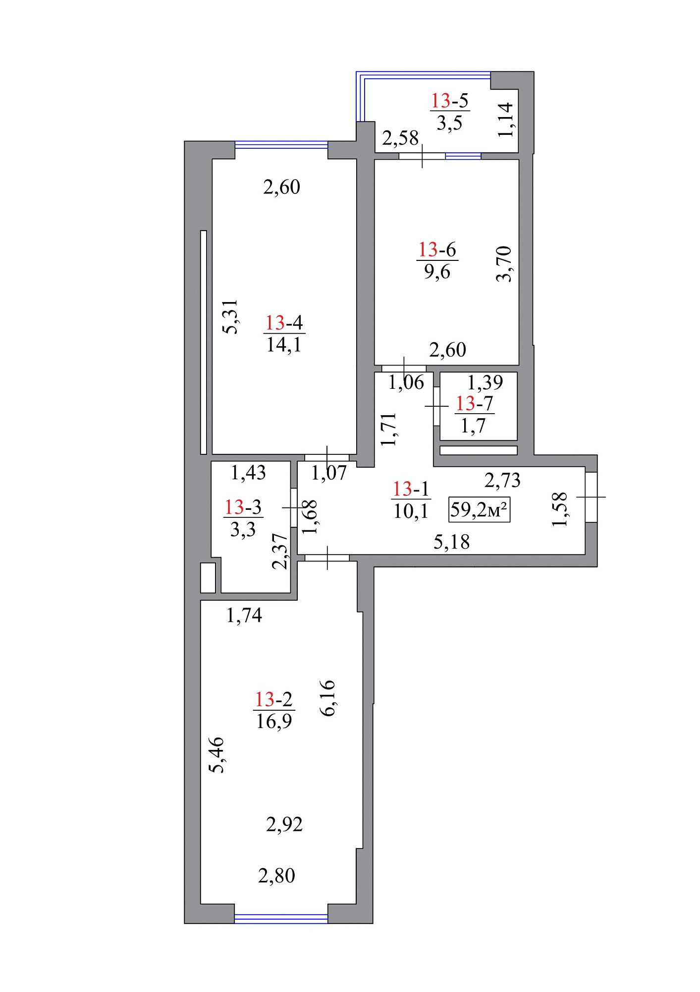 Планировка 2-к квартира площей 59.2м2, AB-07-02/00012.