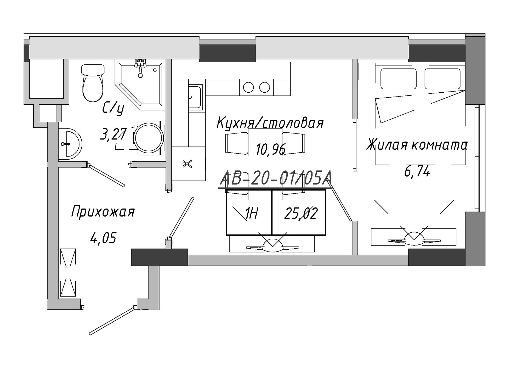 Планировка 1-к квартира площей 25.02м2, AB-20-01/0005а.