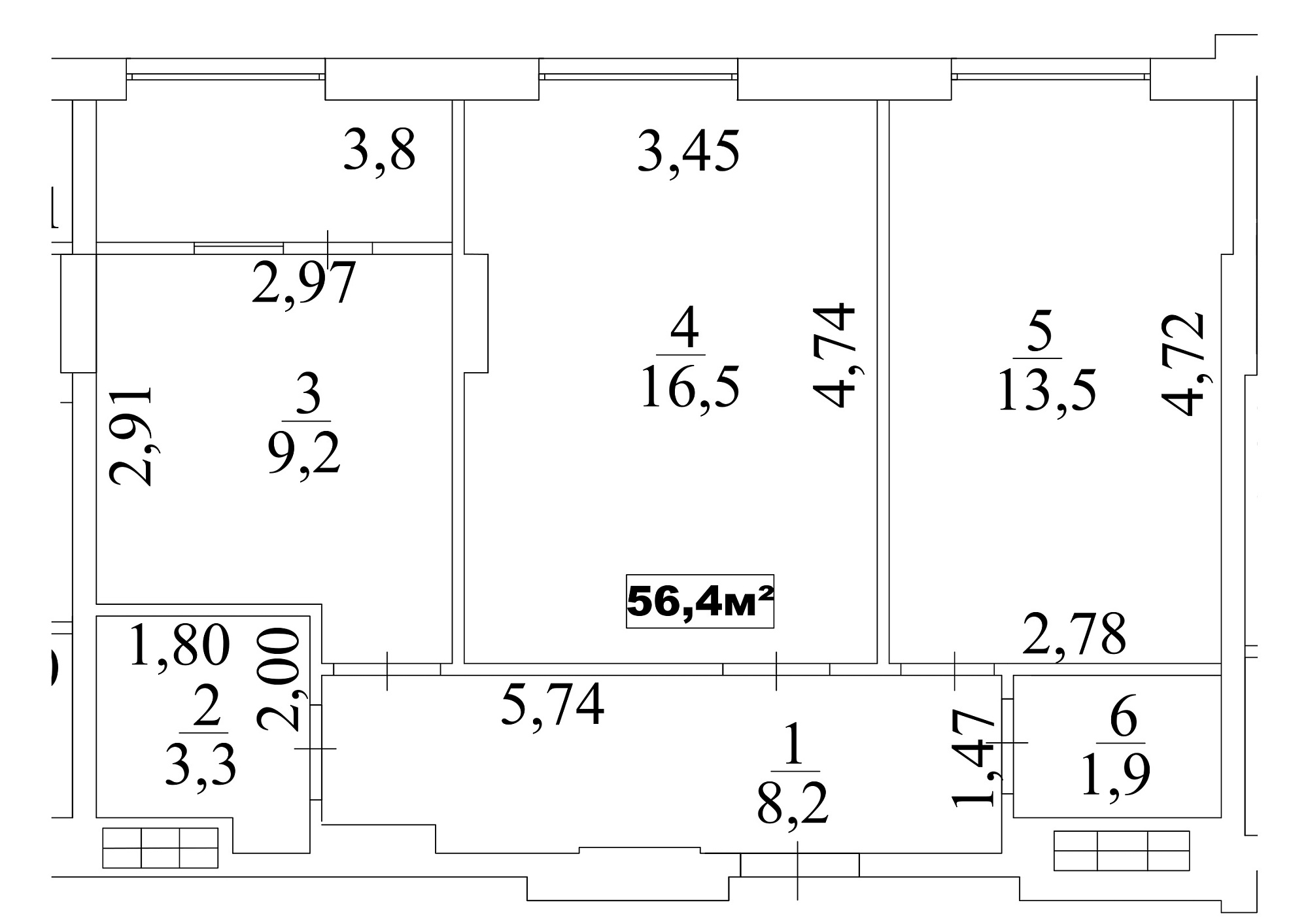 Планировка 2-к квартира площей 56.4м2, AB-10-09/00076.