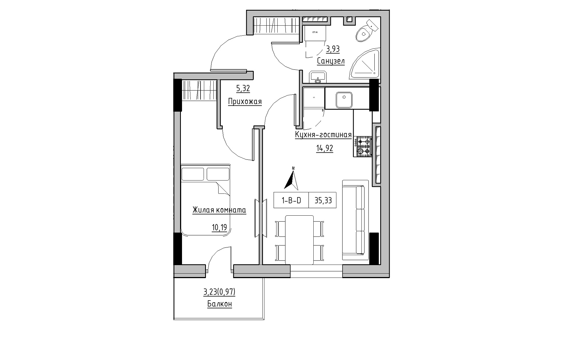 Планировка 1-к квартира площей 35.33м2, KS-025-05/0012.