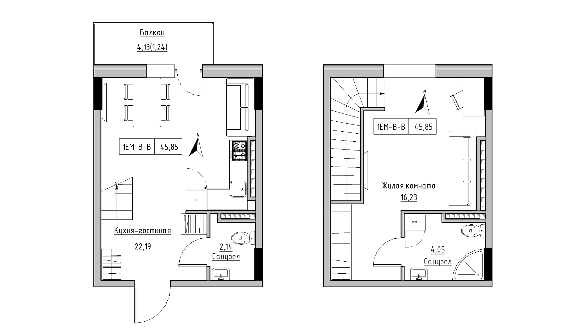 Planning 2-lvl flats area 45.85m2, KS-025-05/0007.