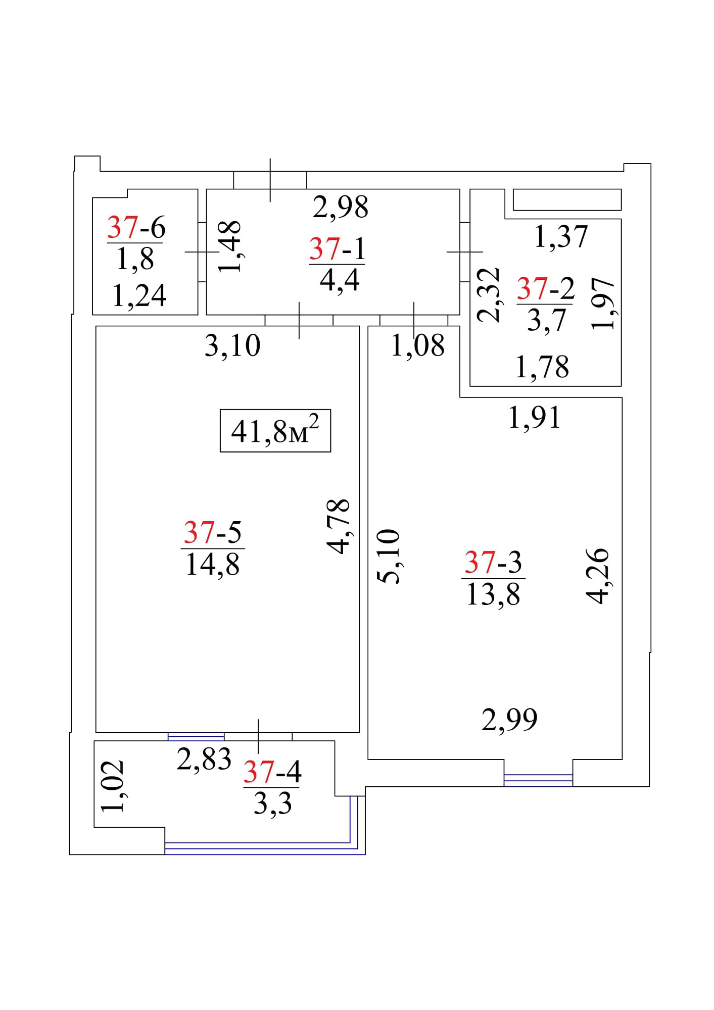 Планировка 1-к квартира площей 41.8м2, AB-01-05/00036.