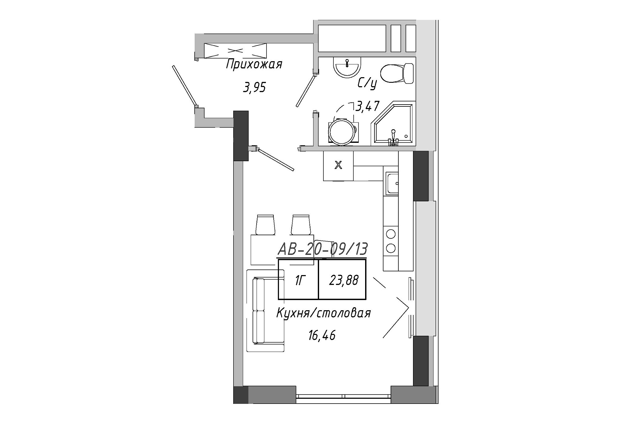 Планування Smart-квартира площею 23.4м2, AB-20-09/00013.