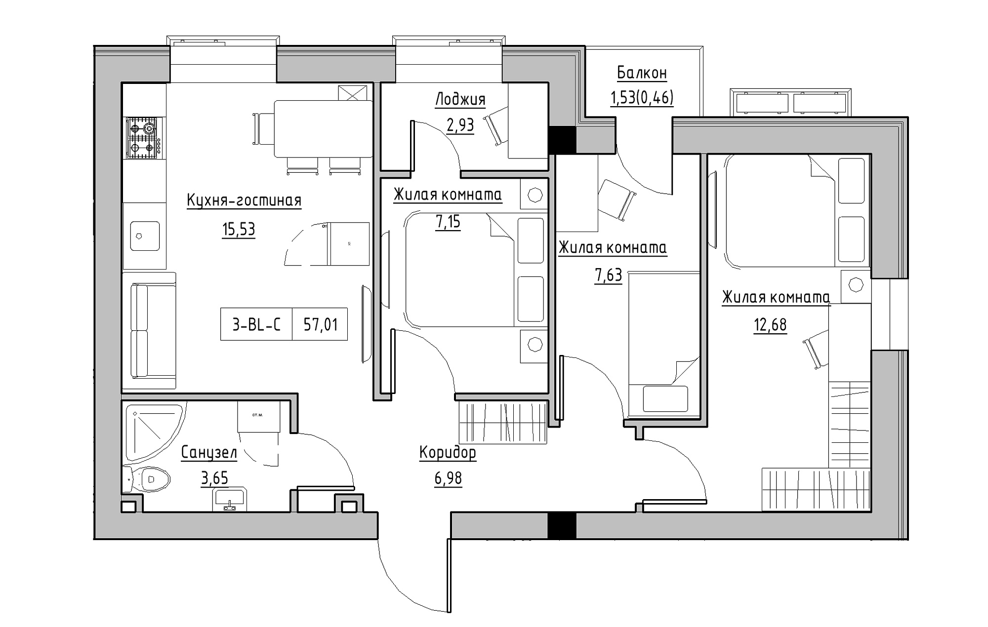 Планування 3-к квартира площею 57.01м2, KS-018-03/0008.