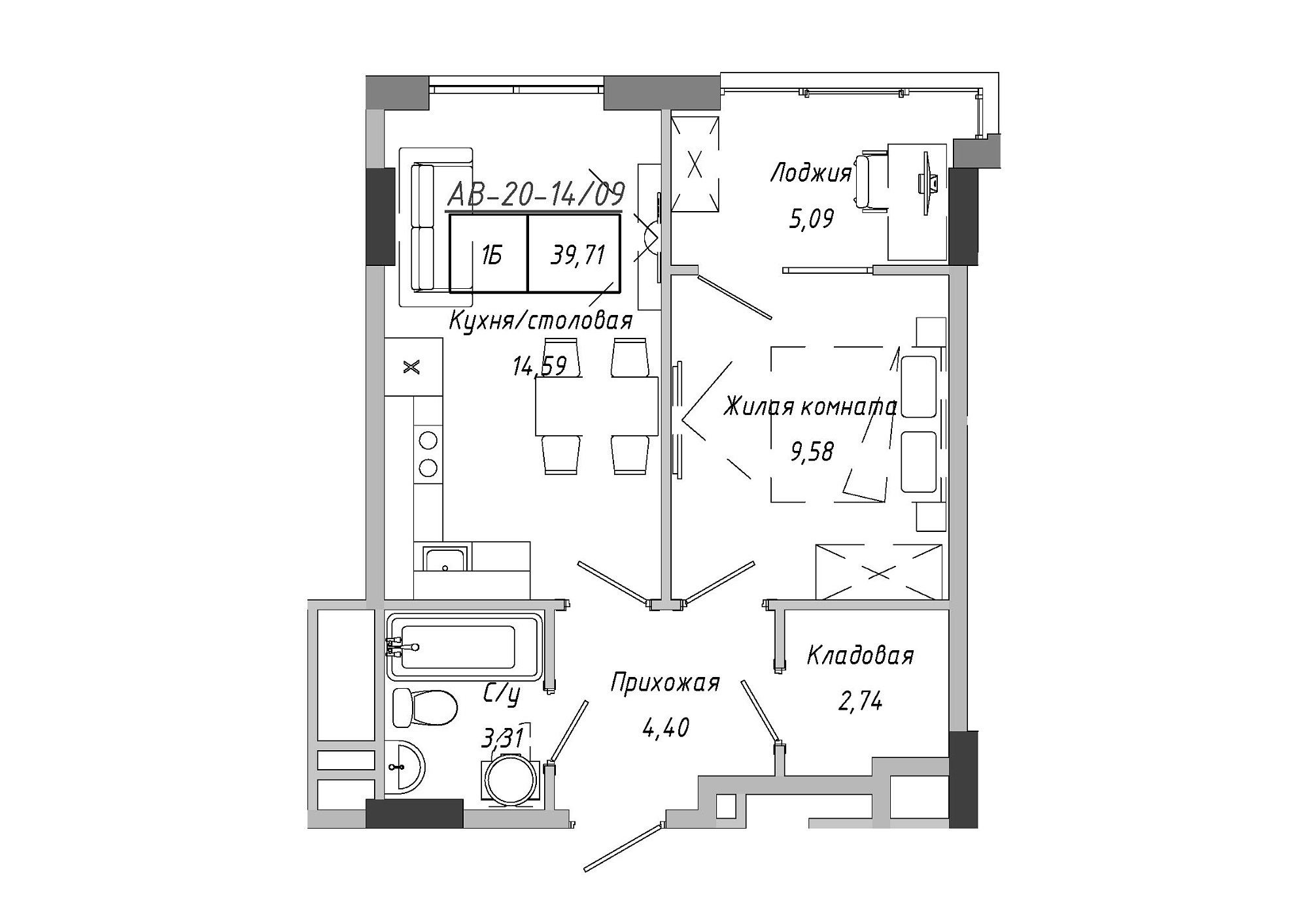 Планировка 1-к квартира площей 39.71м2, AB-20-14/00109.
