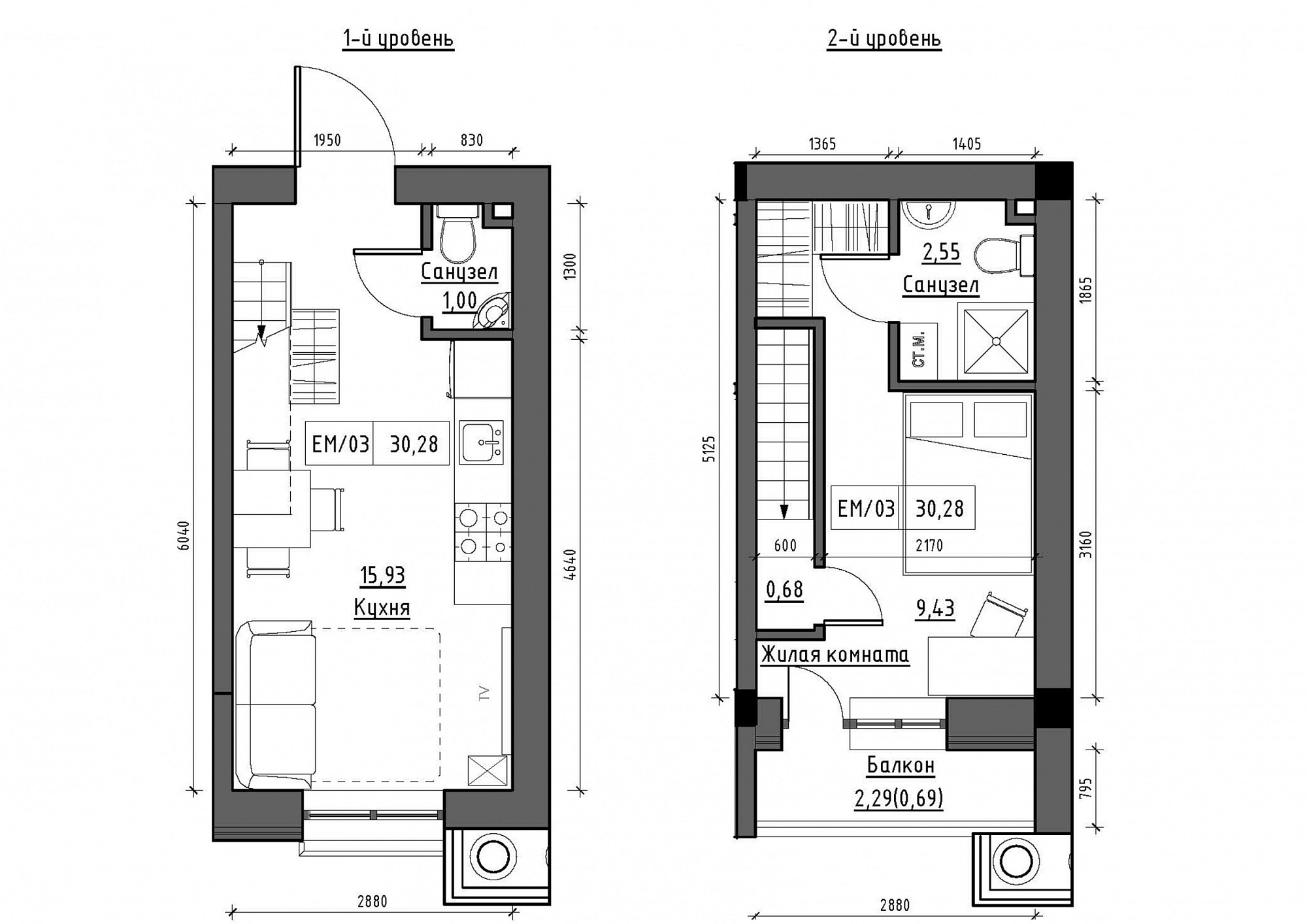 Planning 2-lvl flats area 30.28m2, KS-012-05/0009.