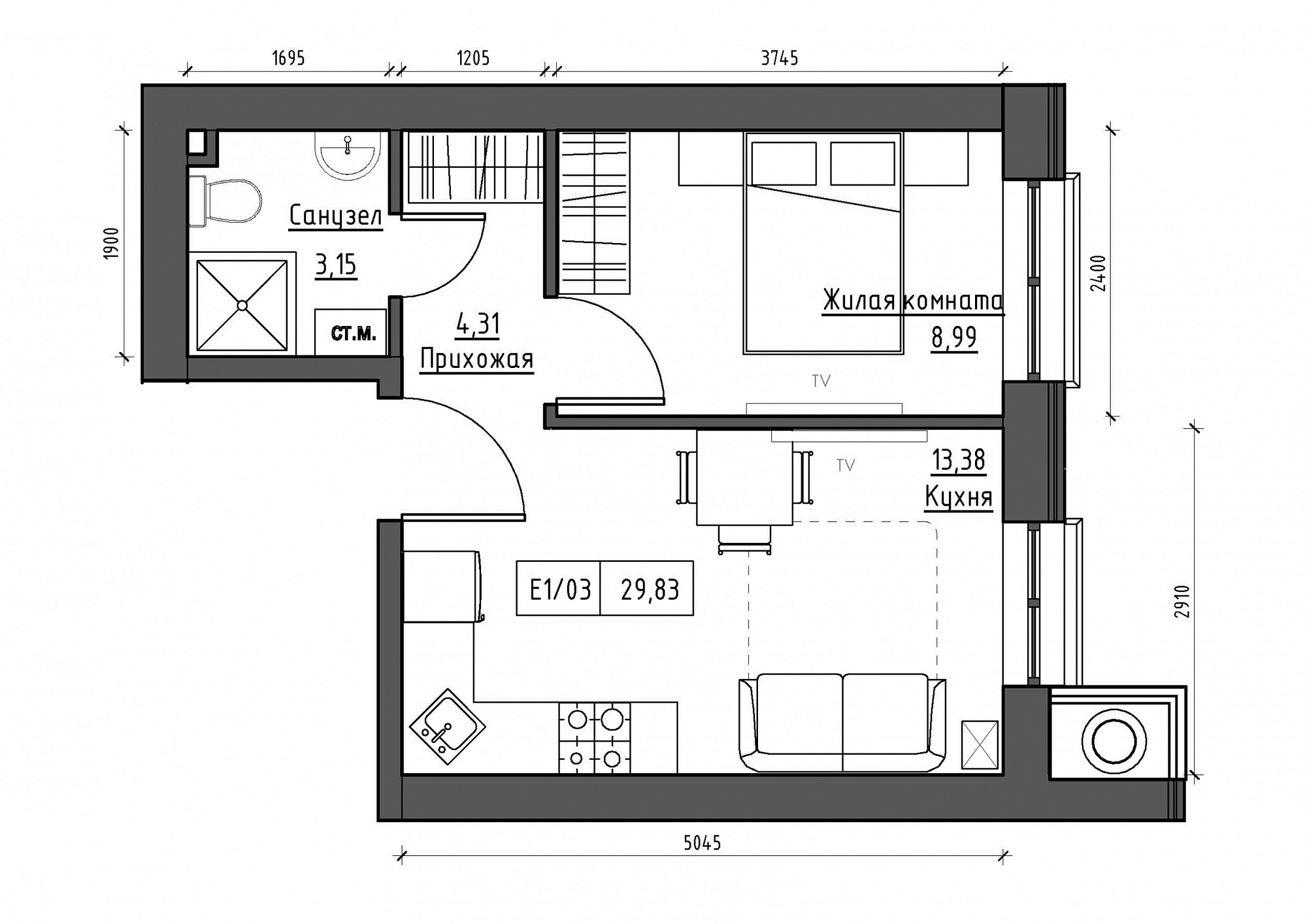 Planning 1-rm flats area 29.83m2, KS-012-01/0013.