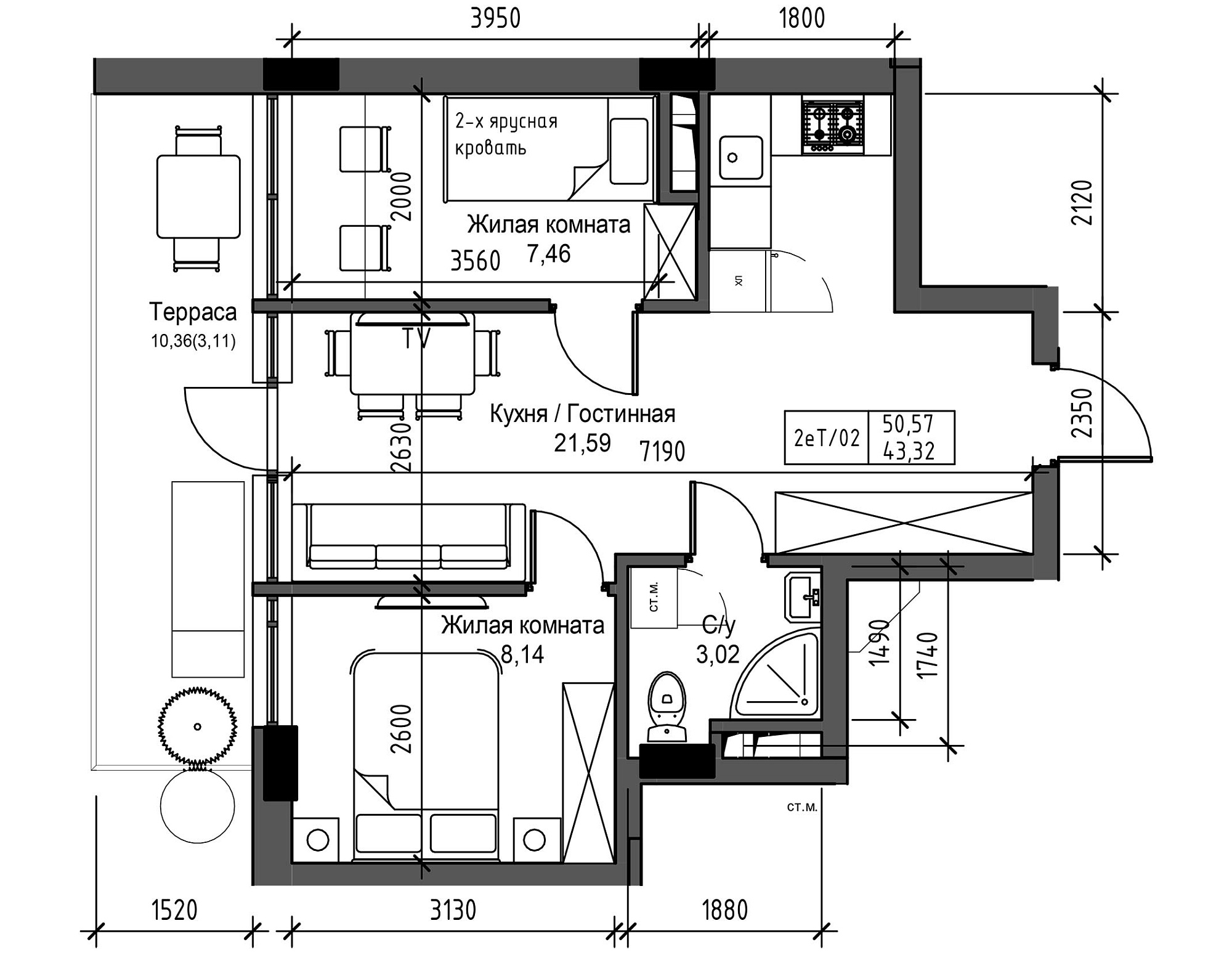 Планування 2-к квартира площею 43.32м2, UM-003-03/0009.
