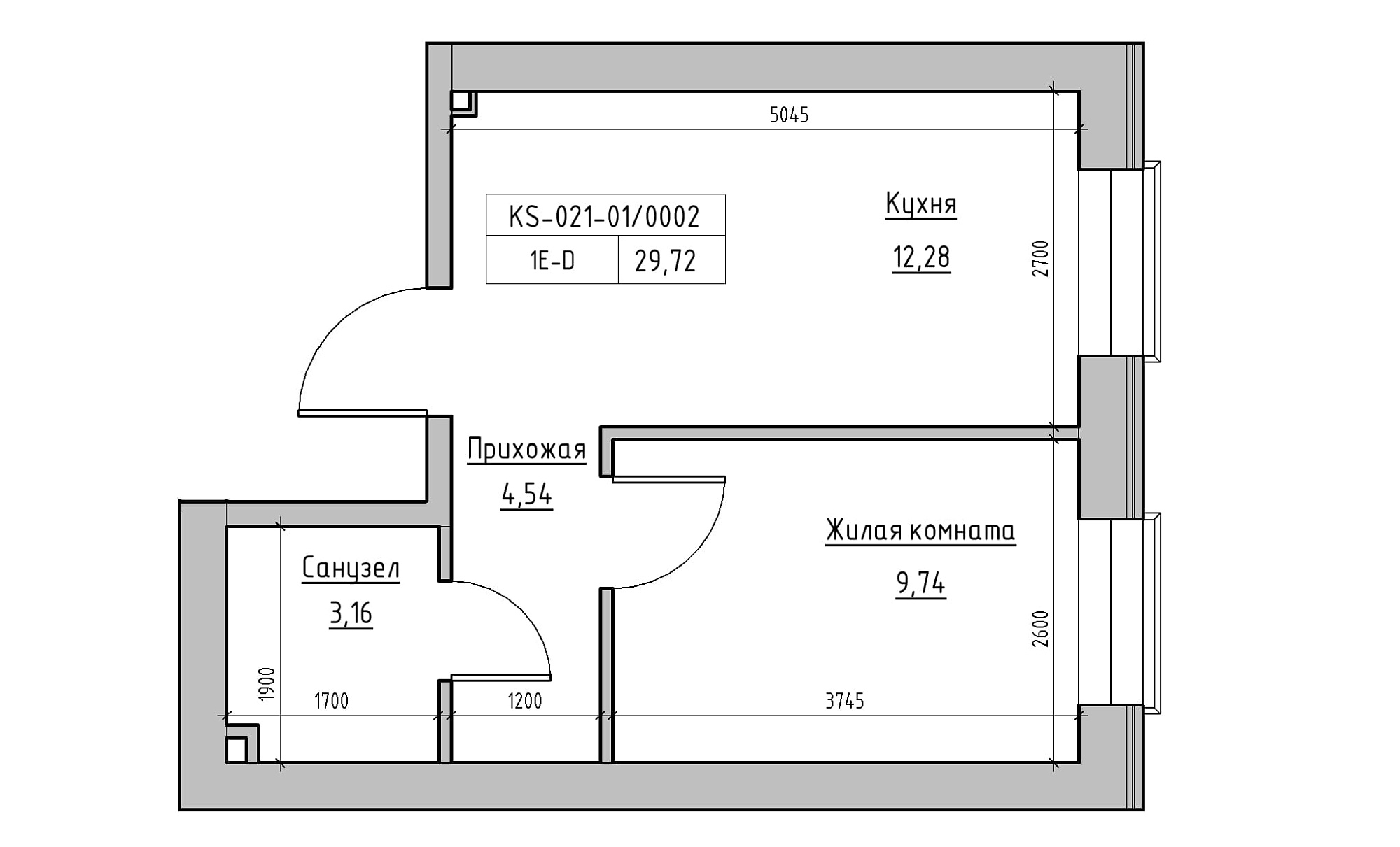 Планировка 1-к квартира площей 29.72м2, KS-021-01/0002.