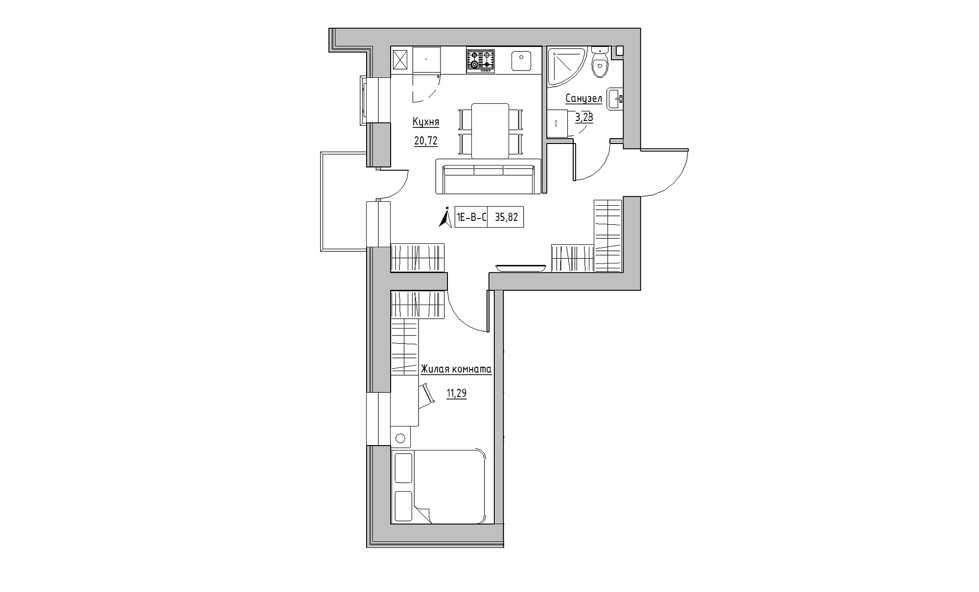 Планировка 1-к квартира площей 35.82м2, KS-016-02/0009.