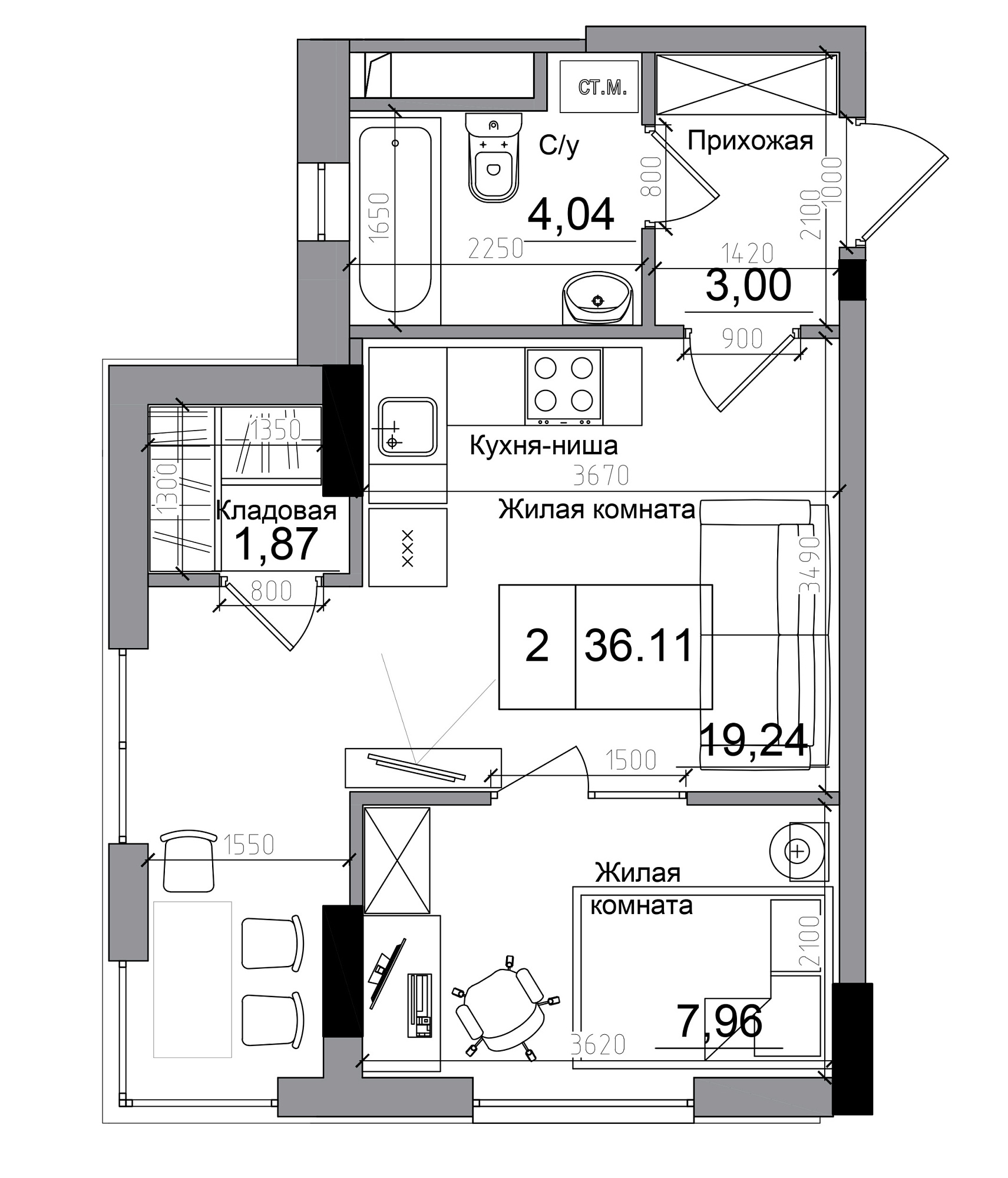 Планировка 1-к квартира площей 36.11м2, AB-11-11/00004.