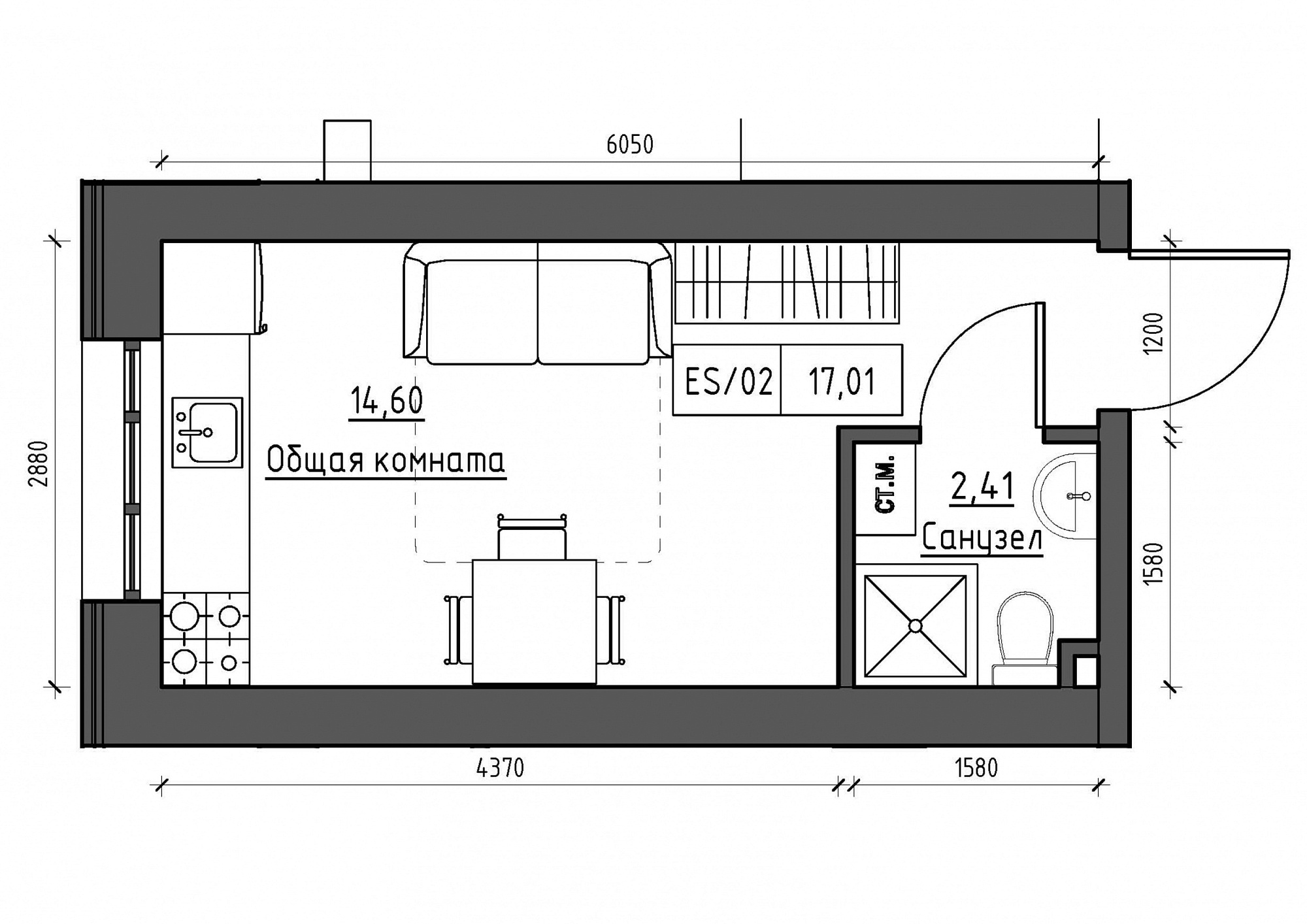 Планування Smart-квартира площею 17.02м2, KS-011-03/0002.