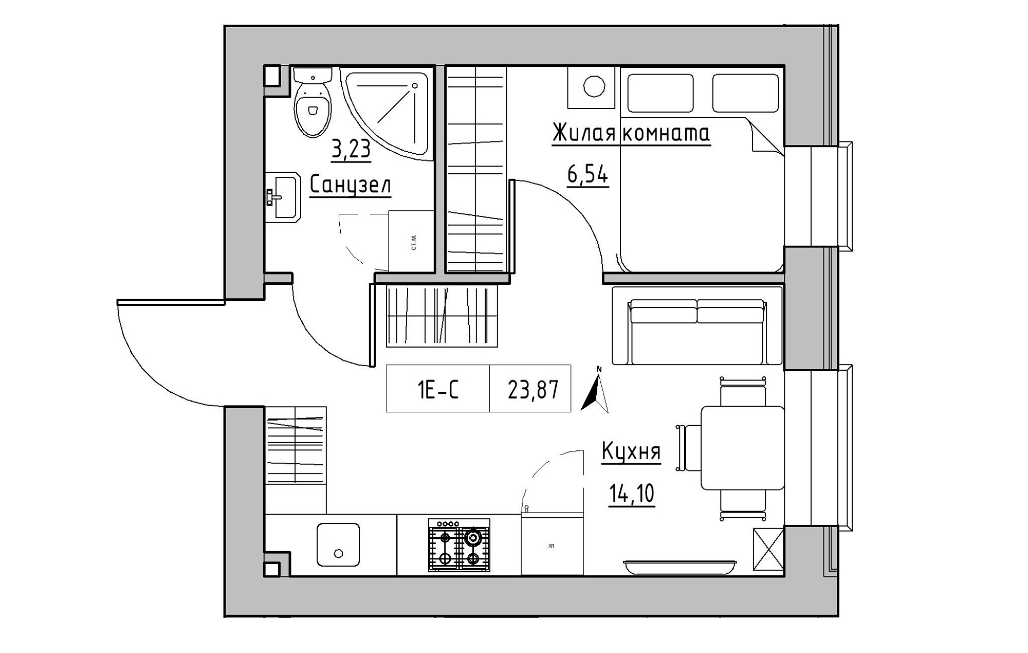 Planning 1-rm flats area 23.87m2, KS-019-01/0004.